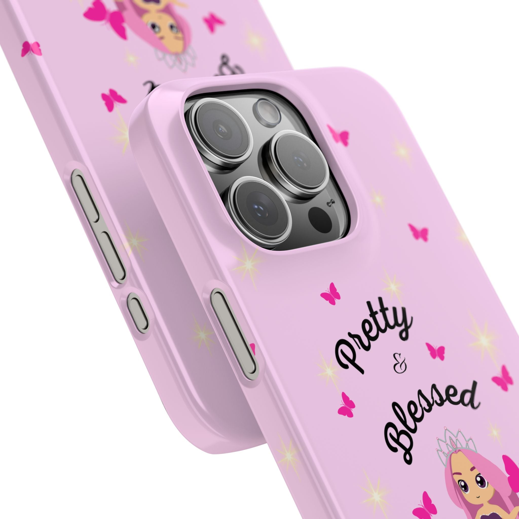 “Pretty & Blessed Light Pink Phone Case - Slim Cute Protective Cover with Lisa Frank-Inspired Kawaii Doll, Hot Pink Butterflies & Cloud Aesthetic”
