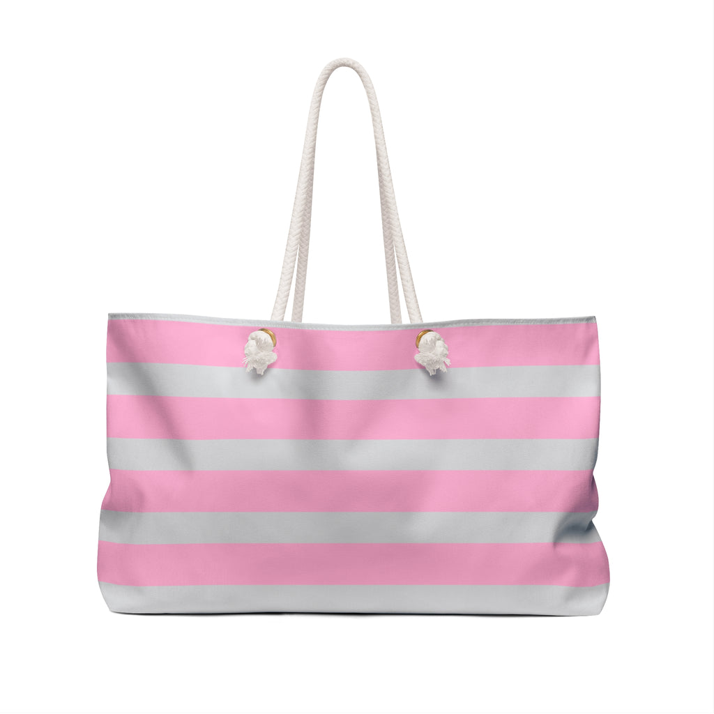 Pink & Grey Striped Weekender Bag with Cute Charm Bracelet - Luxury Aesthetic Tote for Travel | Rich Girl Getaway Vibes