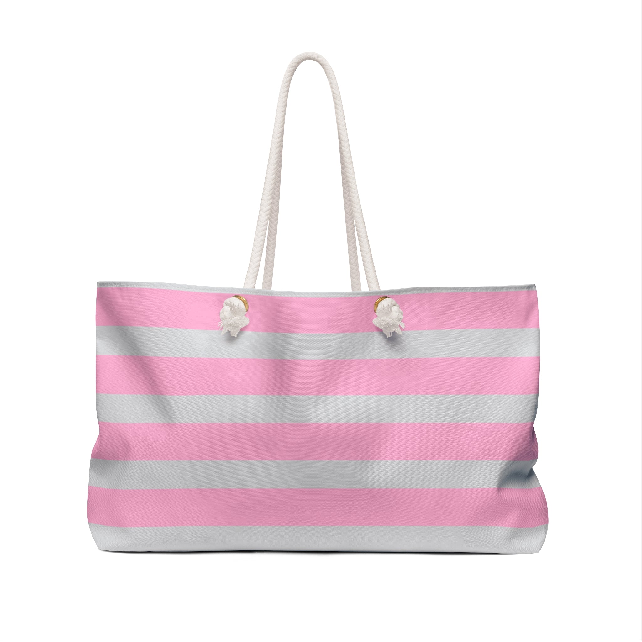 Pink & Grey Striped Weekender Bag with Cute Charm Bracelet - Luxury Aesthetic Tote for Travel | Rich Girl Getaway Vibes