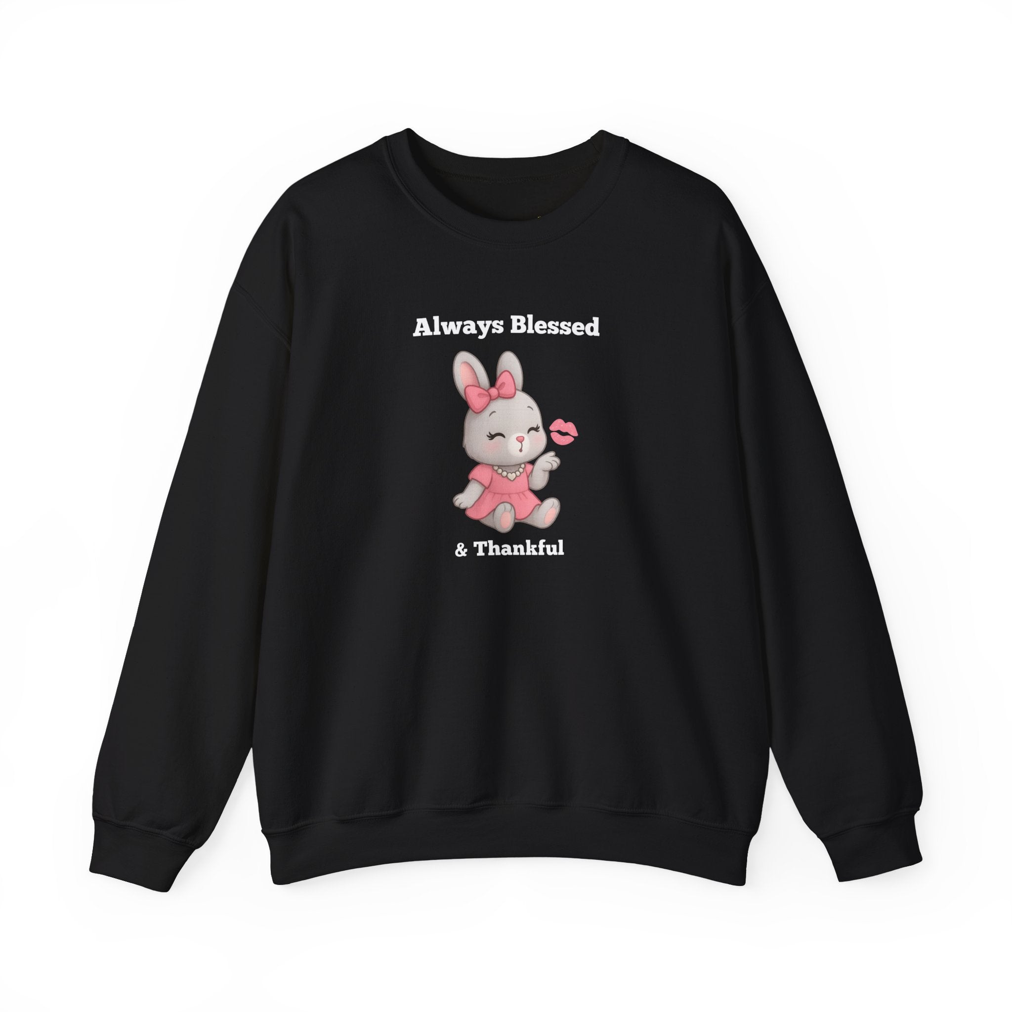 Always Blessed & Thankful™ Bunny Kiss Sweatshirt – Luxe Unisex Cozy Graphic Sweater for Pretty Girls (Black, Maroon, Light Blue, Heliconia, Red)