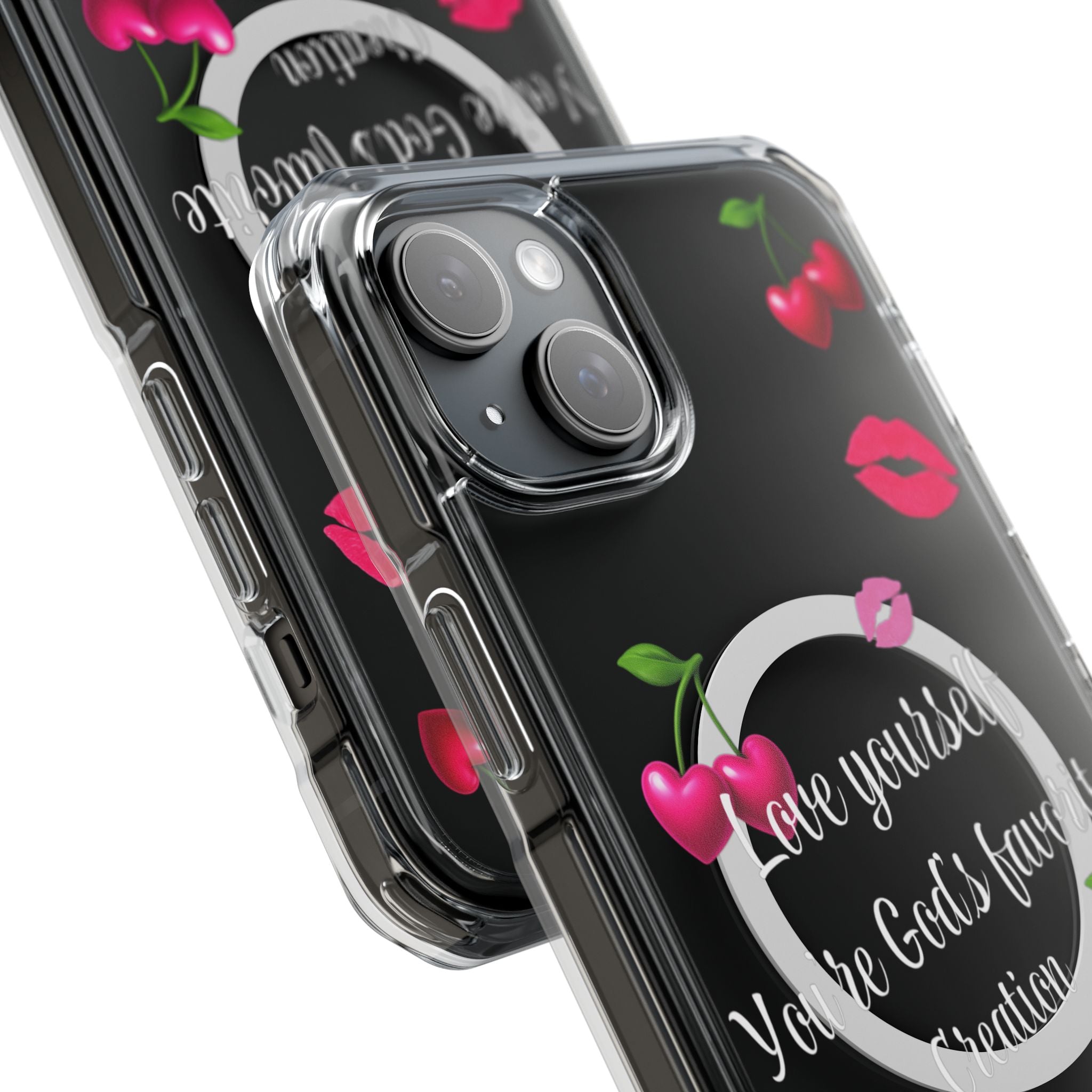Luxury Clear MagSafe iPhone Case – “Love Yourself” Pink Cherry & Kiss Print | Cute Girly Baddie Aesthetic Protective Cover