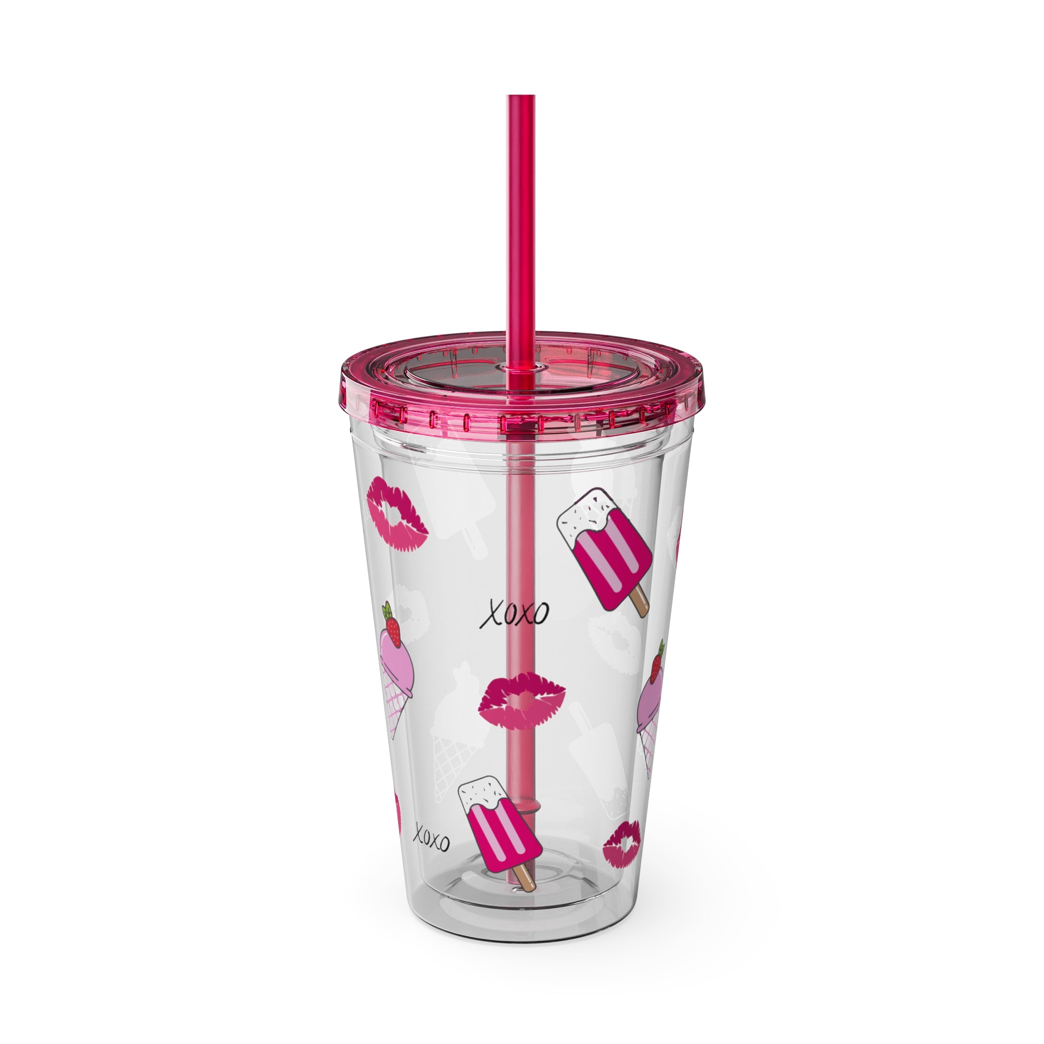 Barbie Girl Summer Tumbler - 16oz Pink Acrylic Cup with Ice Cream, Pink Popsicles, XOXO & Kisses - Cute Clear Tumbler for Iced Coffee & Rich Girl Aesthetics, Girly Beach Days Tumbler