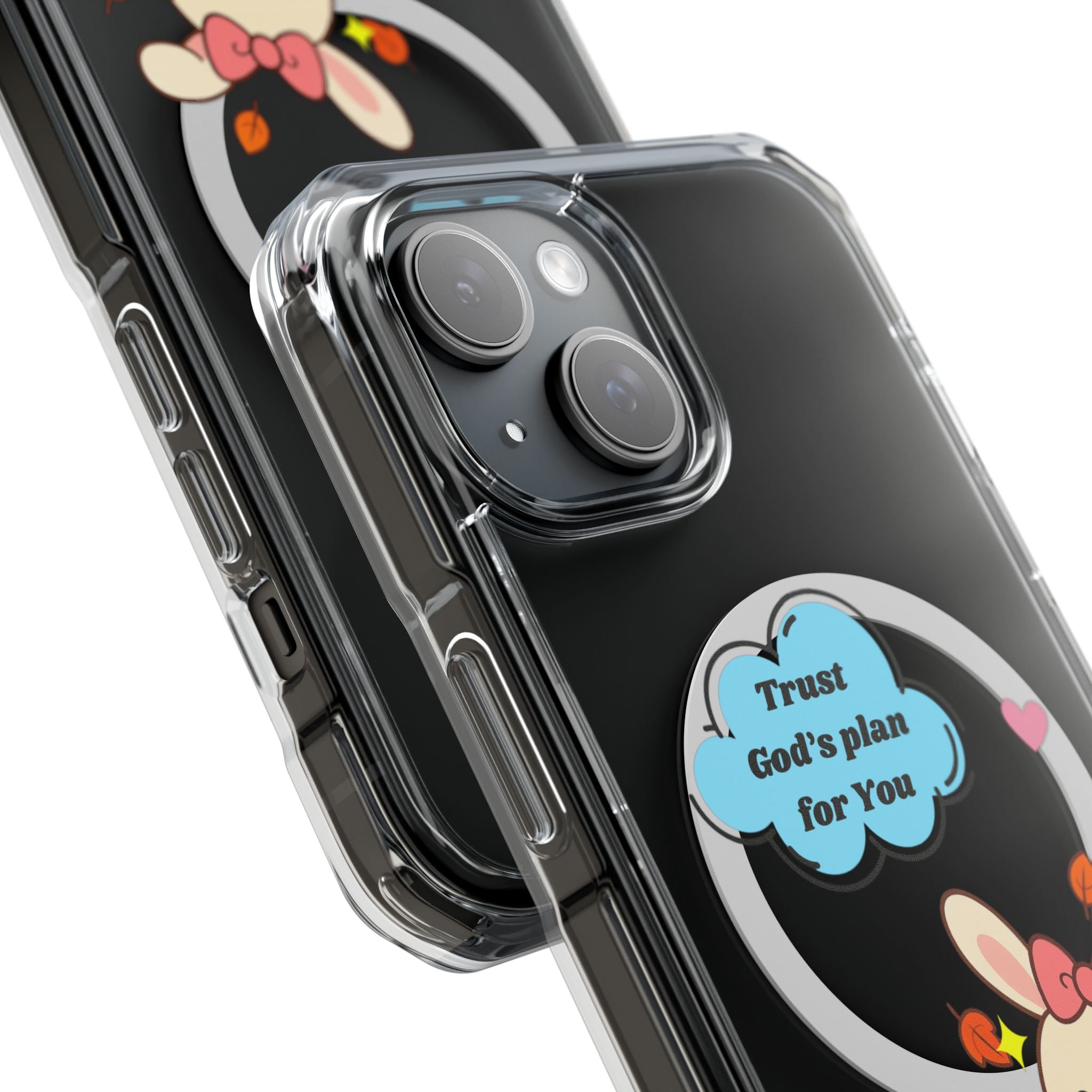 Cute Bunny MagSafe iPhone Case – Clear Sparkly Aesthetic Phone Cover with Hearts, Kisses & “Trust God’s Plan for You” Cloud