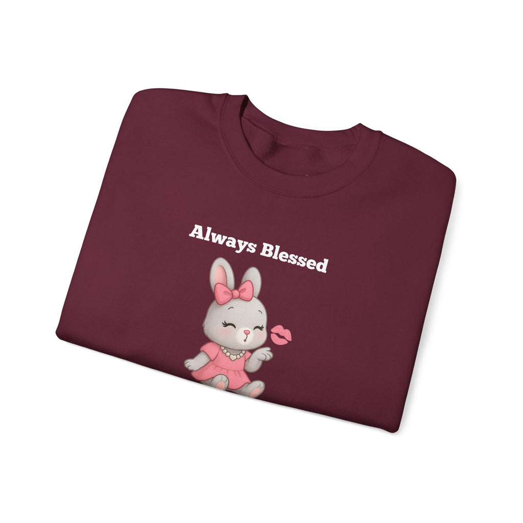 Always Blessed & Thankful™ Bunny Kiss Sweatshirt – Luxe Unisex Cozy Graphic Sweater for Pretty Girls (Black, Maroon, Light Blue, Heliconia, Red)