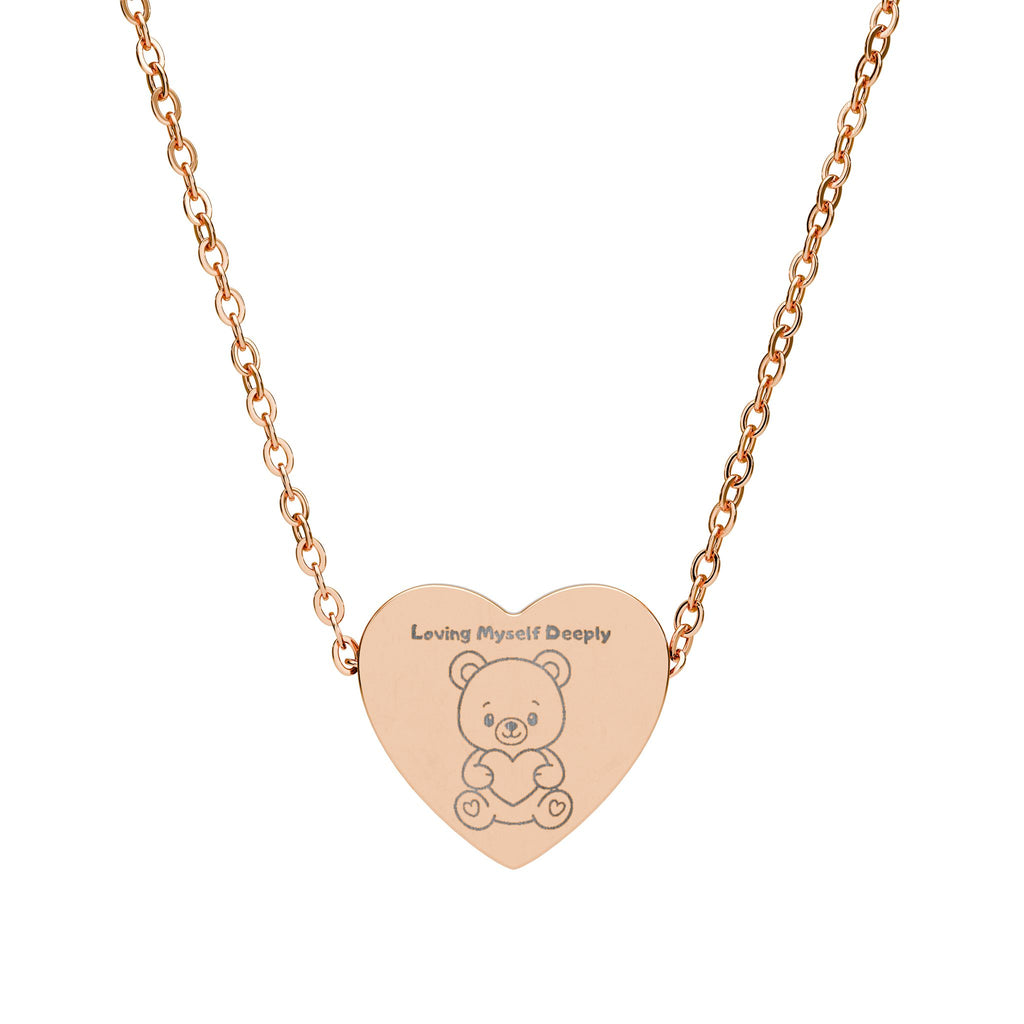 Loving Myself Deeply Heart Necklace — Cute Teddy Bear Engraved Pendant