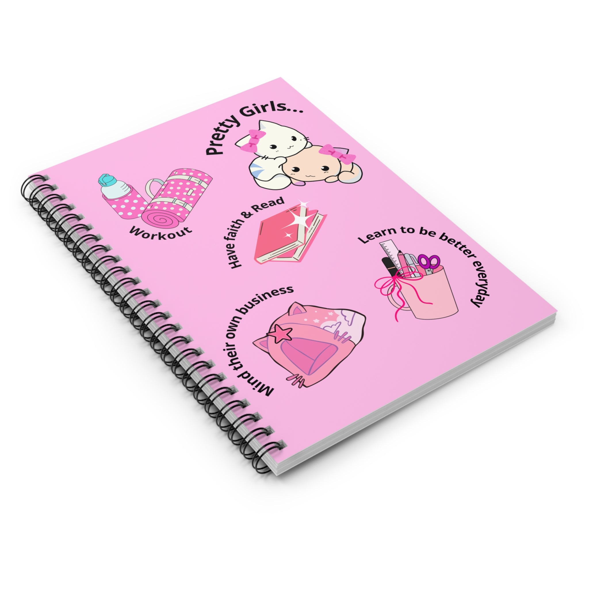 “Pretty Girls Spiral Notebook – Kawaii Kitten Journal with Cute Drawings | Pastel Pink Aesthetic Motivational Notebook (6x8, 118 Pages)”