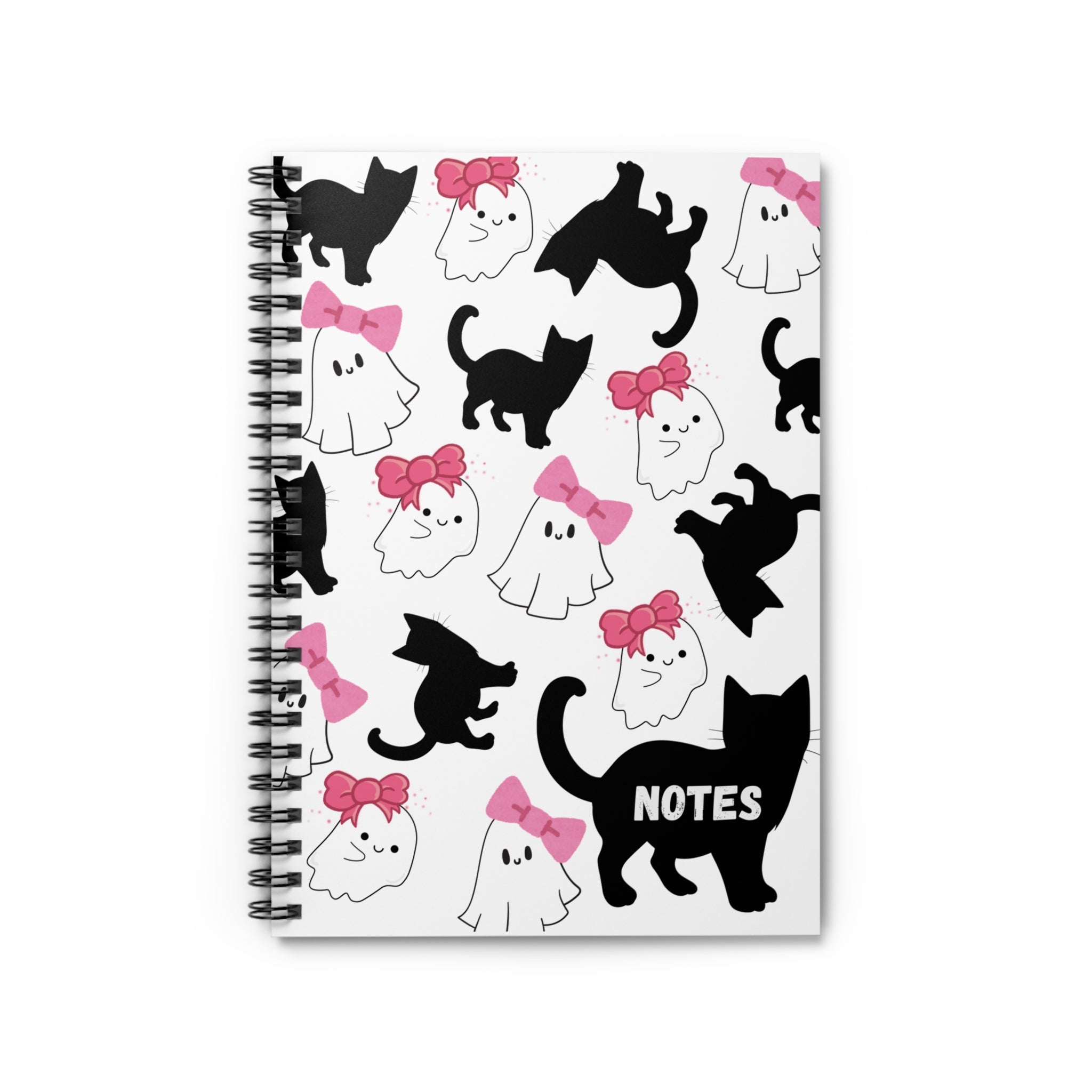 “Spooky Cute Halloween Spiral Notebook – Ghosts with Pink Bows & Black Cat | Girly Aesthetic Stationery”