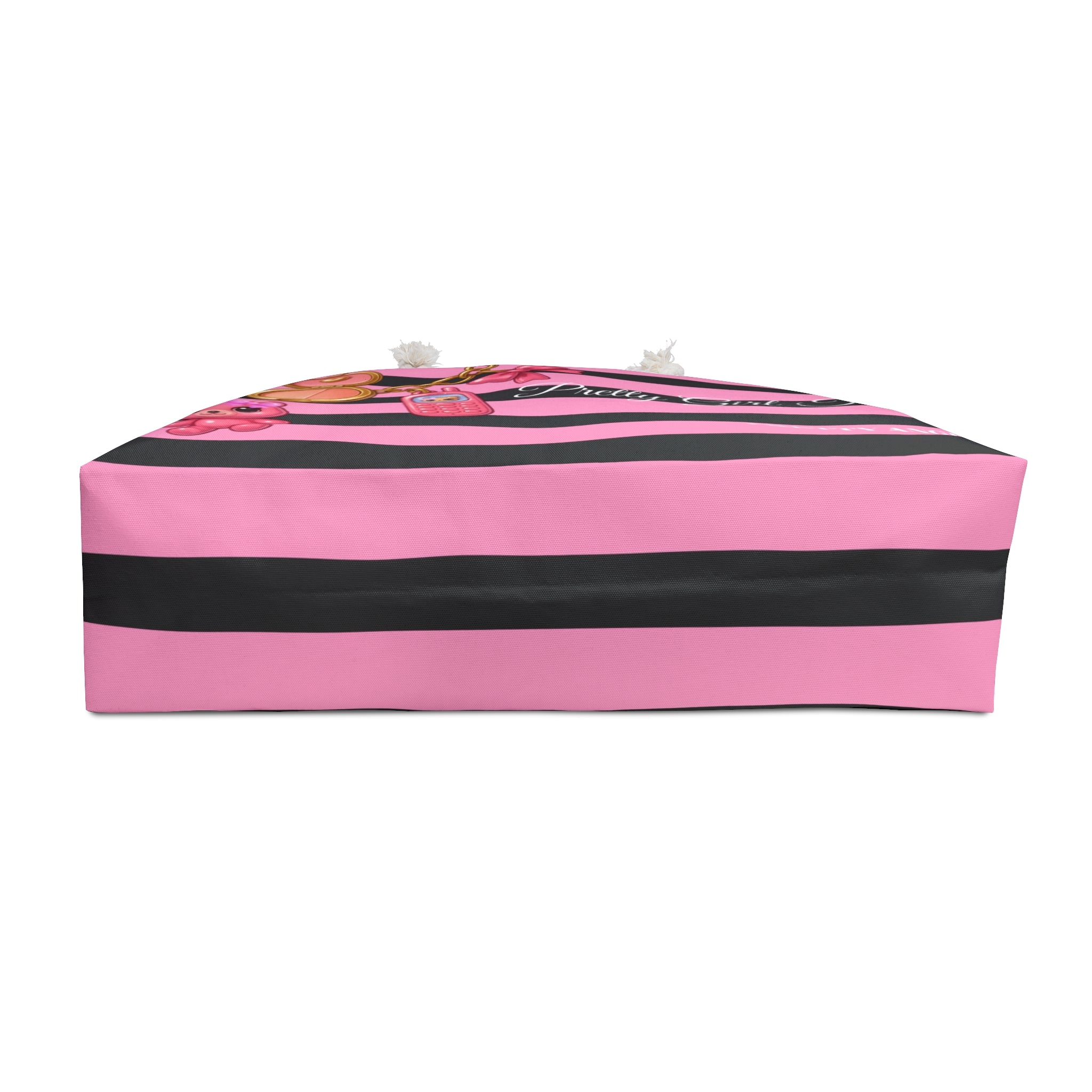 Pretty Girl Things Charm Tote - Light Pink & Black Striped Weekender Bag with Cute Baddie Charm Bracelet