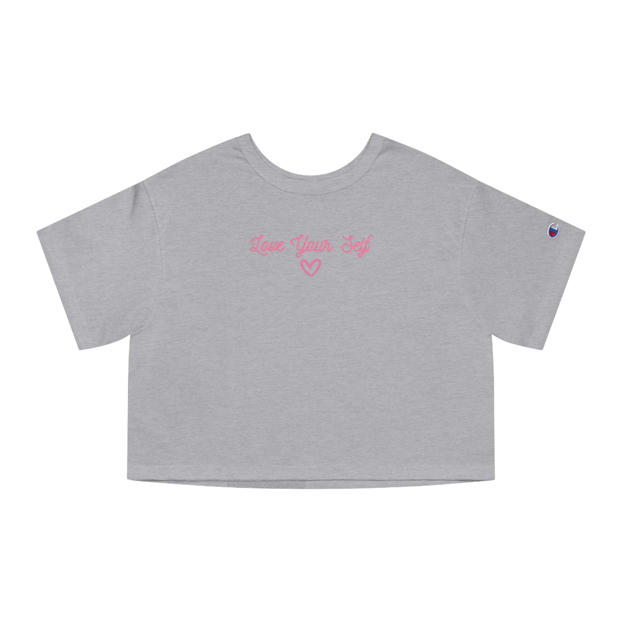 “Champion® Women’s Loose Cropped Tee – ‘Love Your Self’ Pink Cursive Minimalist Shirt | Cute Back-to-School Outfit for Teen Girls & Soft Girl Aesthetic”
