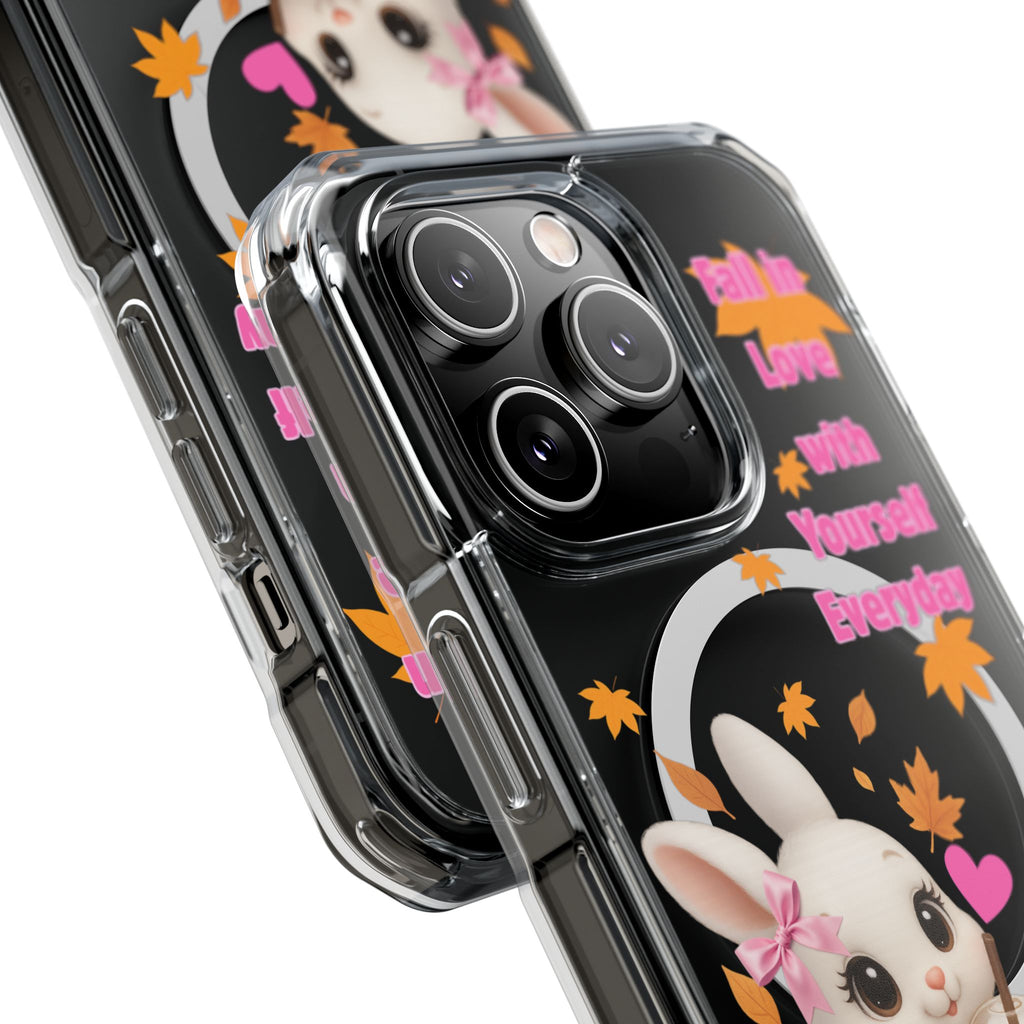 Fall in Love with Yourself Everyday – Cute White Bunny MagSafe iPhone Case with Hearts & Autumn Leaves, Luxury Aesthetic Clear Phone Cover