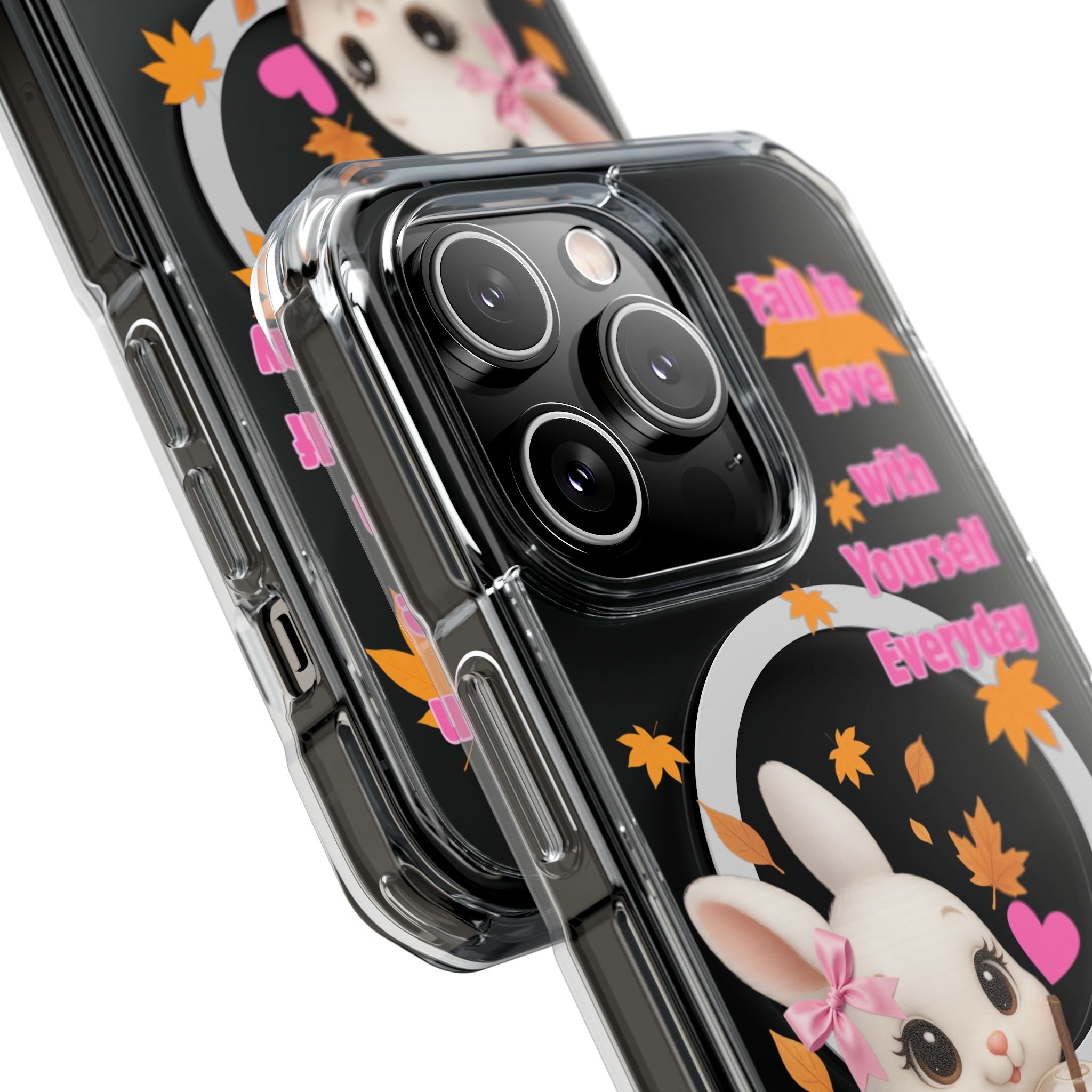Fall in Love with Yourself Everyday – Cute White Bunny MagSafe iPhone Case with Hearts & Autumn Leaves, Luxury Aesthetic Clear Phone Cover