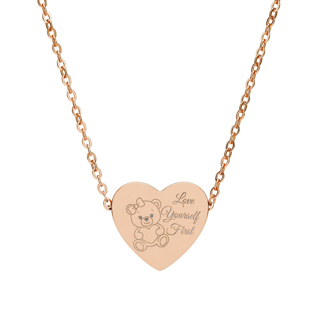 Love Yourself First Heart Necklace – Engraved Teddy Bear Pendant for Girls | Rose Gold & Silver Minimal Necklace | Cute Aesthetic Self-Love Jewelry Gift