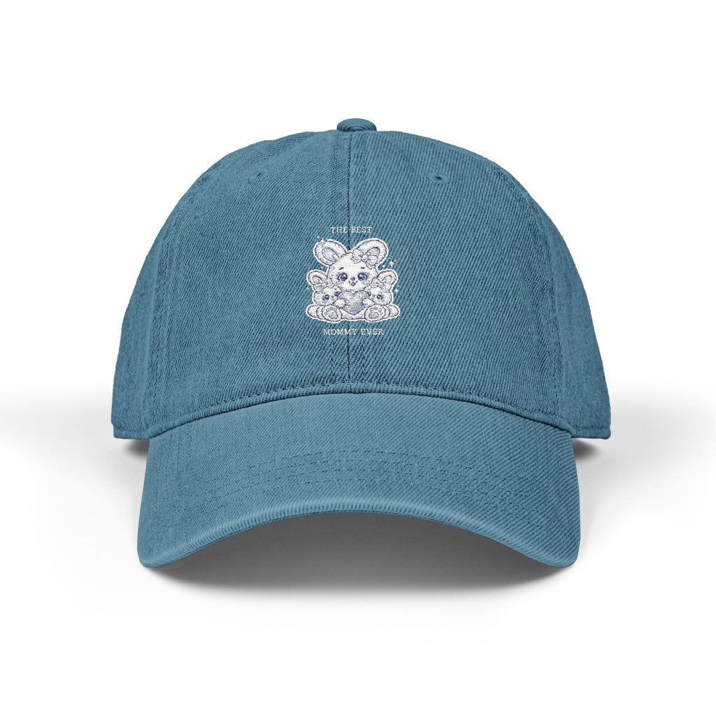 Embroidered Denim Hat — 'THE BEST MOMMY EVER' Cute Bunny Mom & Babies Design