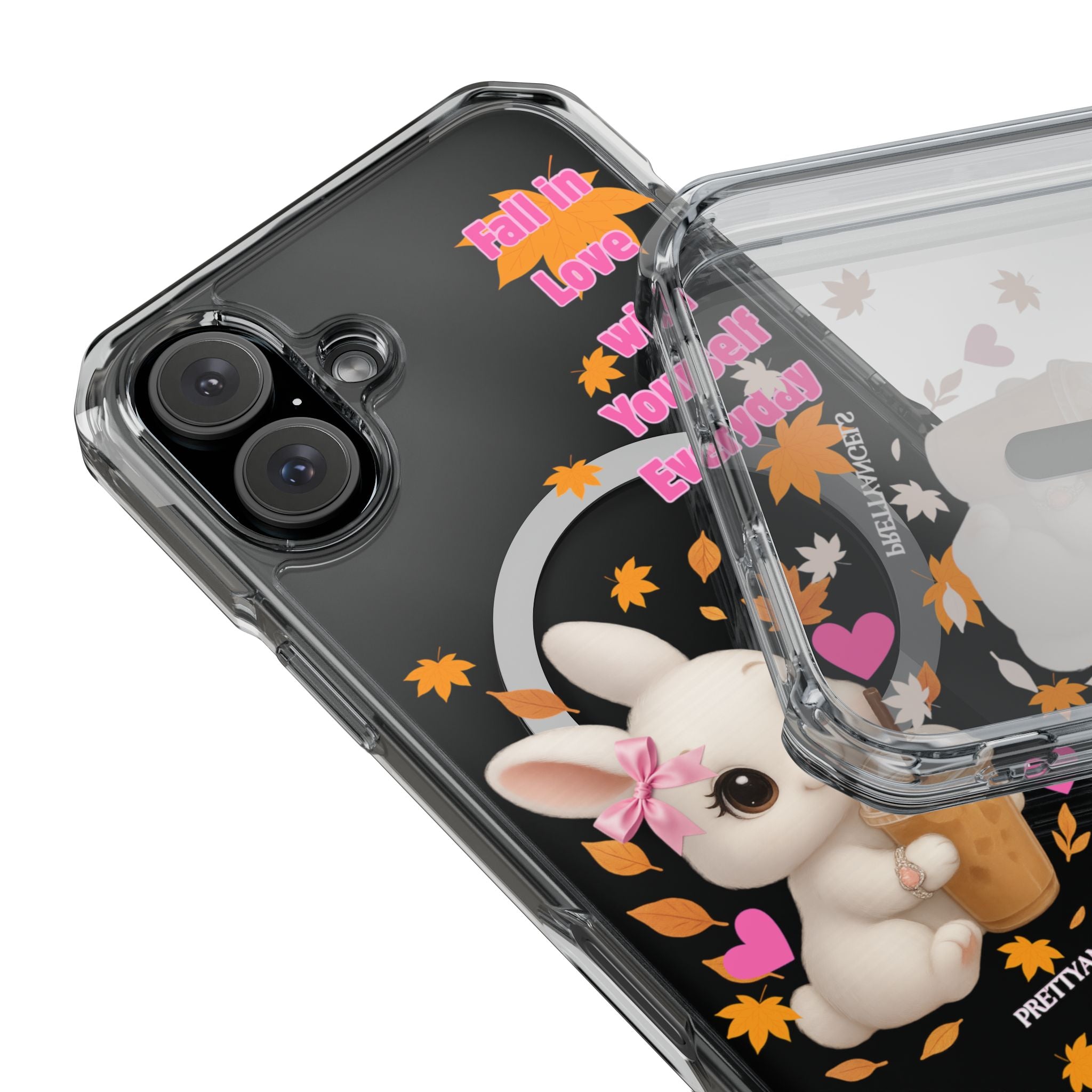 Fall in Love with Yourself Everyday – Cute White Bunny MagSafe iPhone Case with Hearts & Autumn Leaves, Luxury Aesthetic Clear Phone Cover