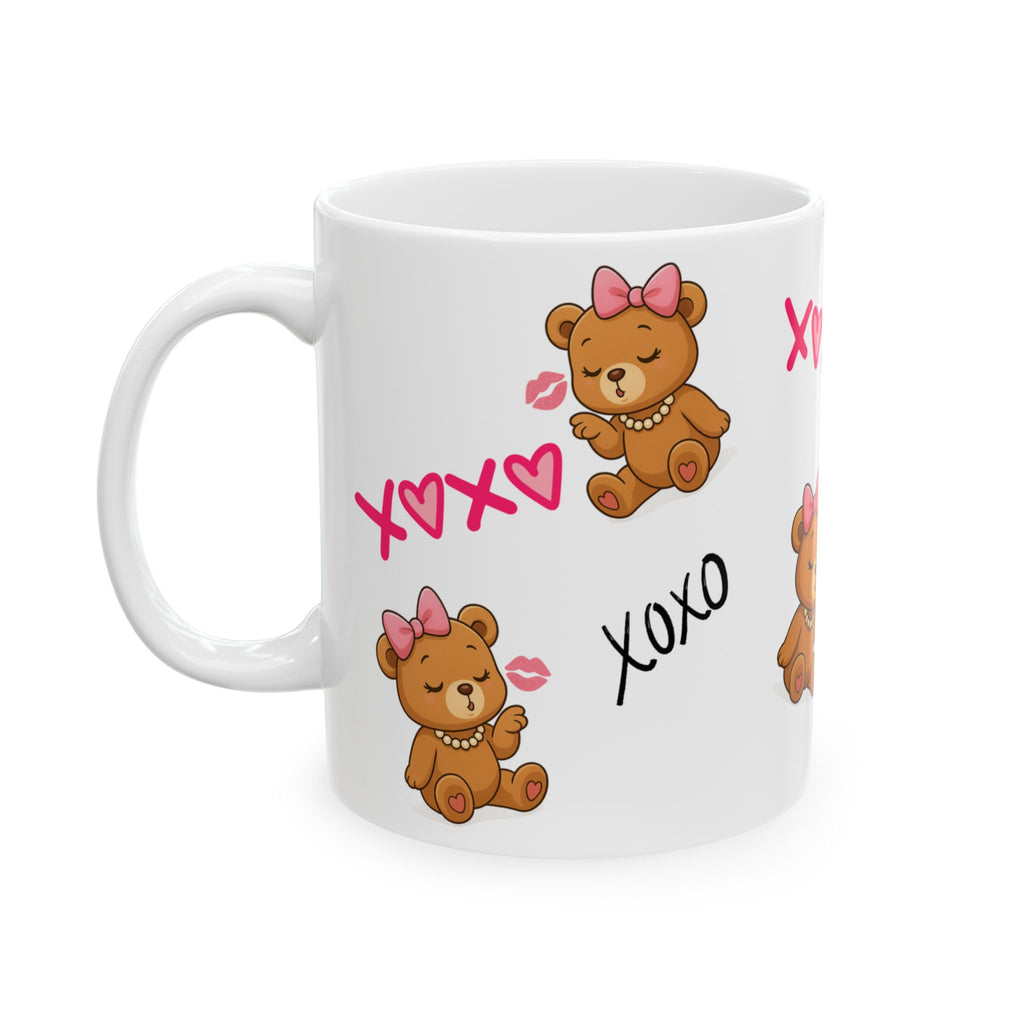 XOXO Teddy Kiss™ Pink Aesthetic Mug – Cute Brown Teddy Bear with Bow & Pearls | Girly Luxury Coffee Mug (11oz & 15oz)