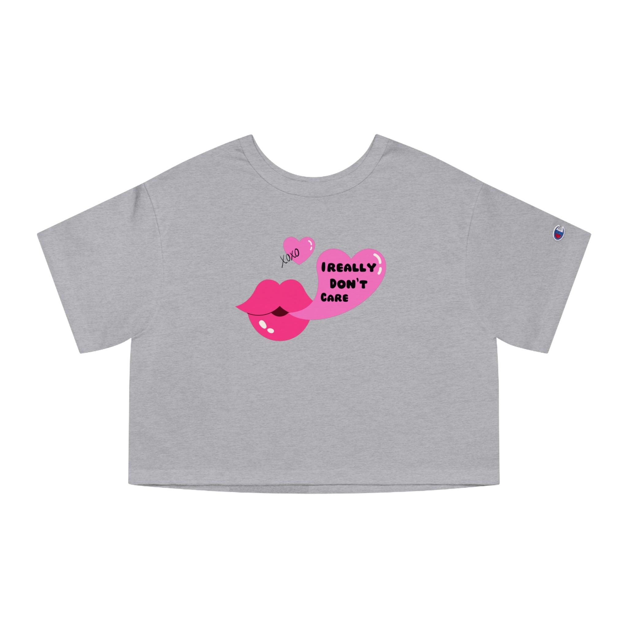 “I Really Don’t Care” Champion® Loose Cropped Tee – Hot Pink Kiss & XOXO Hearts Aesthetic for Baddie Girls