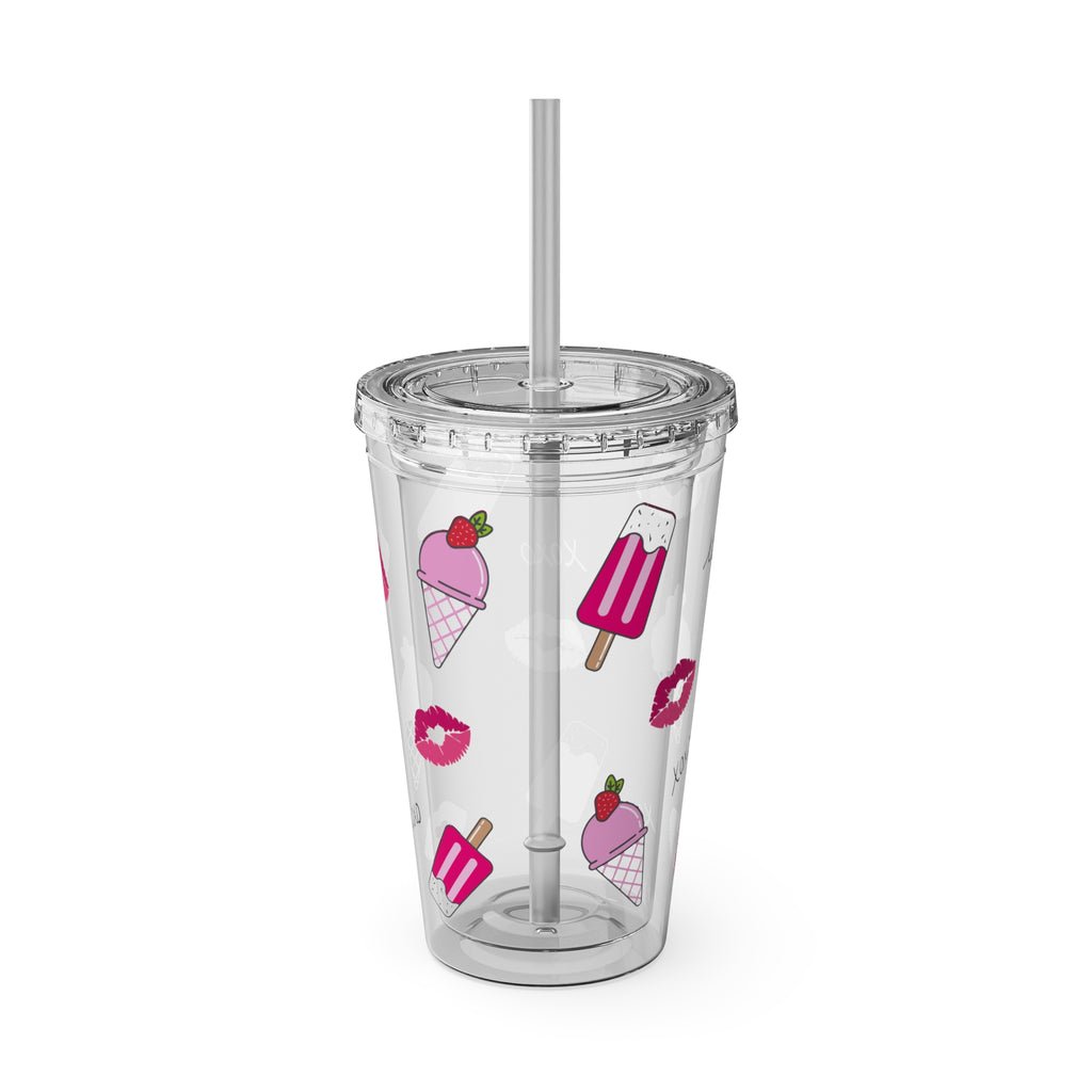 Barbie Girl Summer Tumbler - 16oz Pink Acrylic Cup with Ice Cream, Pink Popsicles, XOXO & Kisses - Cute Clear Tumbler for Iced Coffee & Rich Girl Aesthetics, Girly Beach Days Tumbler