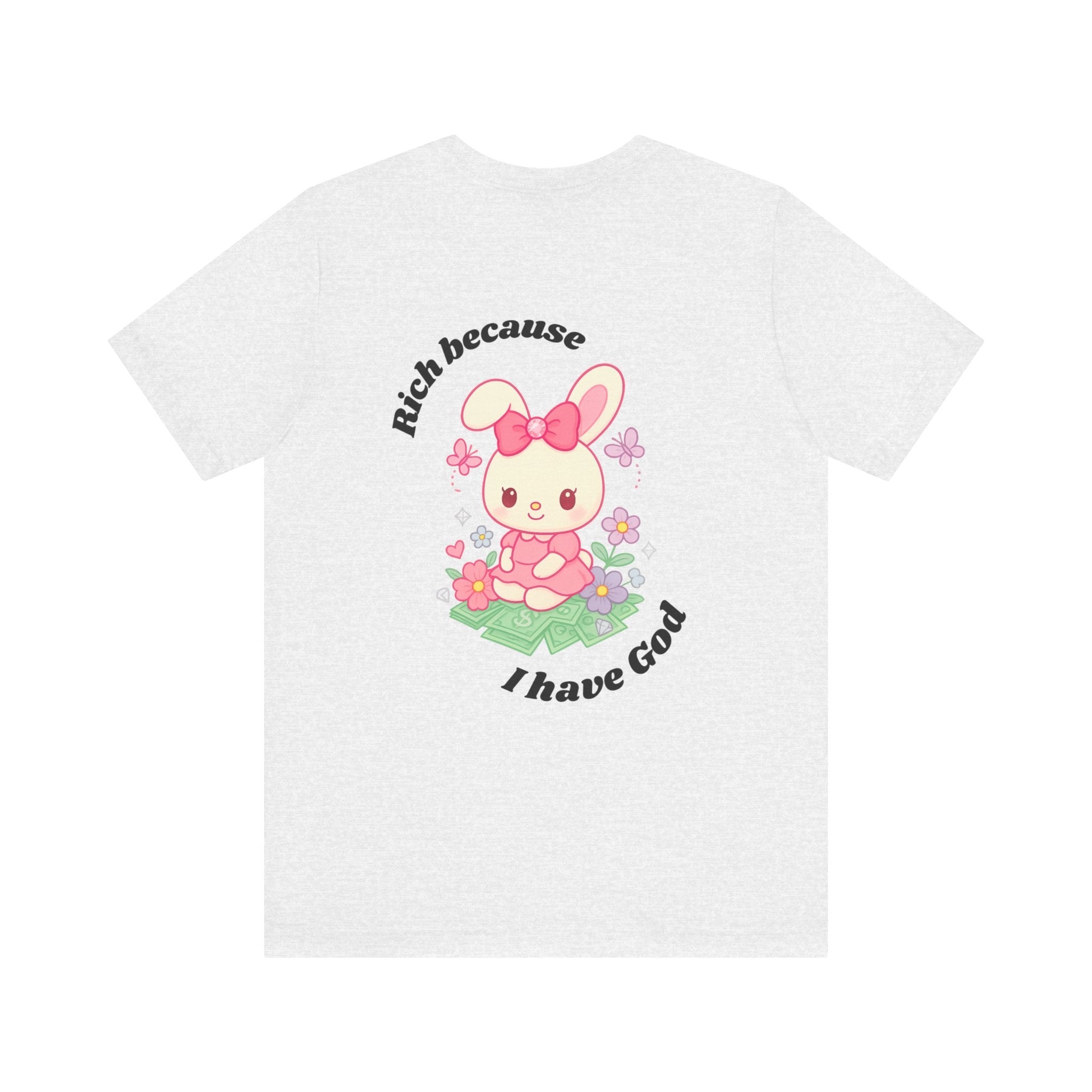 “Rich Because I Have God” Baggy (Back) Aesthetic Tee – Cute Bunny Graphic T-Shirt (White, Ash, Silver, Baby Blue)