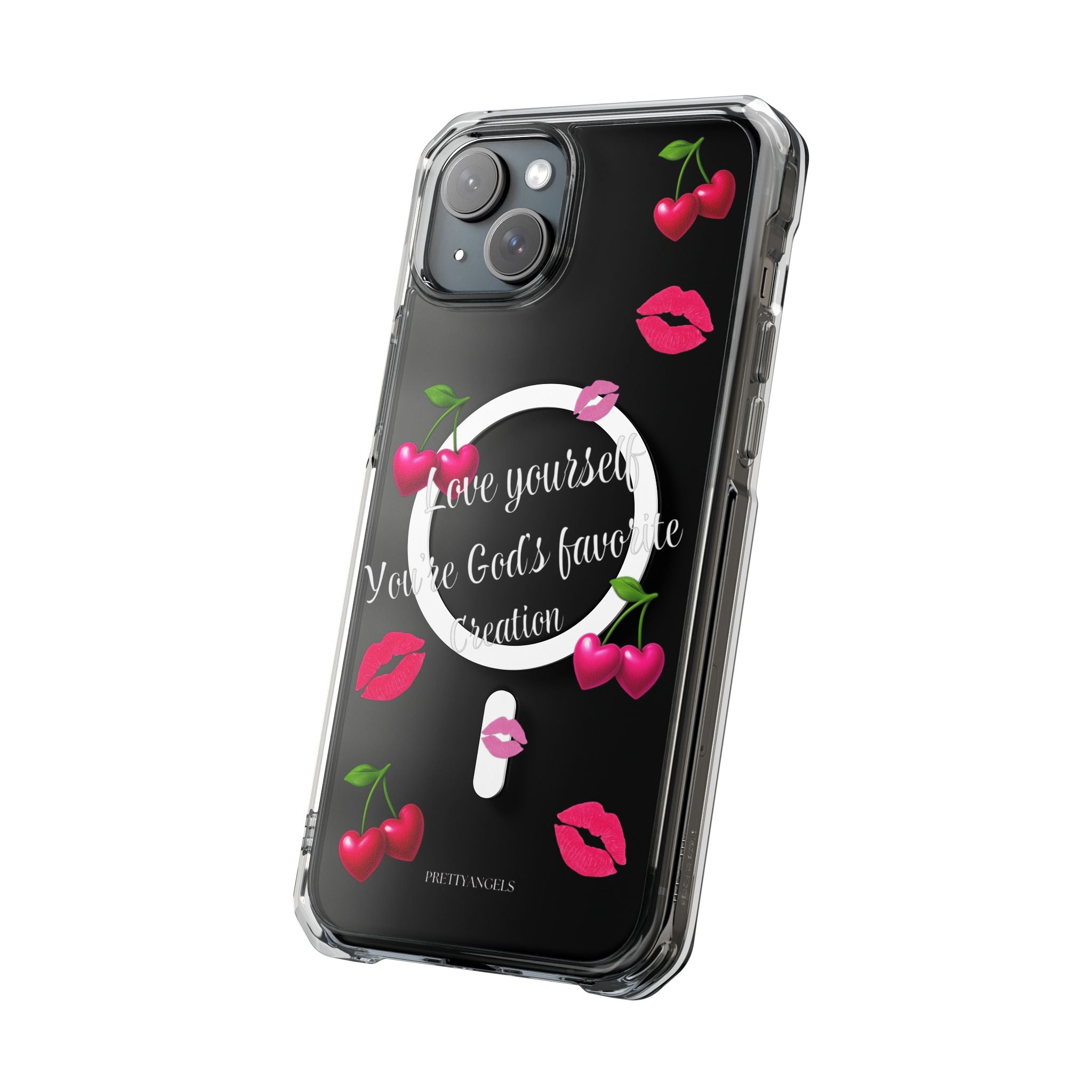 Luxury Clear MagSafe iPhone Case – “Love Yourself” Pink Cherry & Kiss Print | Cute Girly Baddie Aesthetic Protective Cover