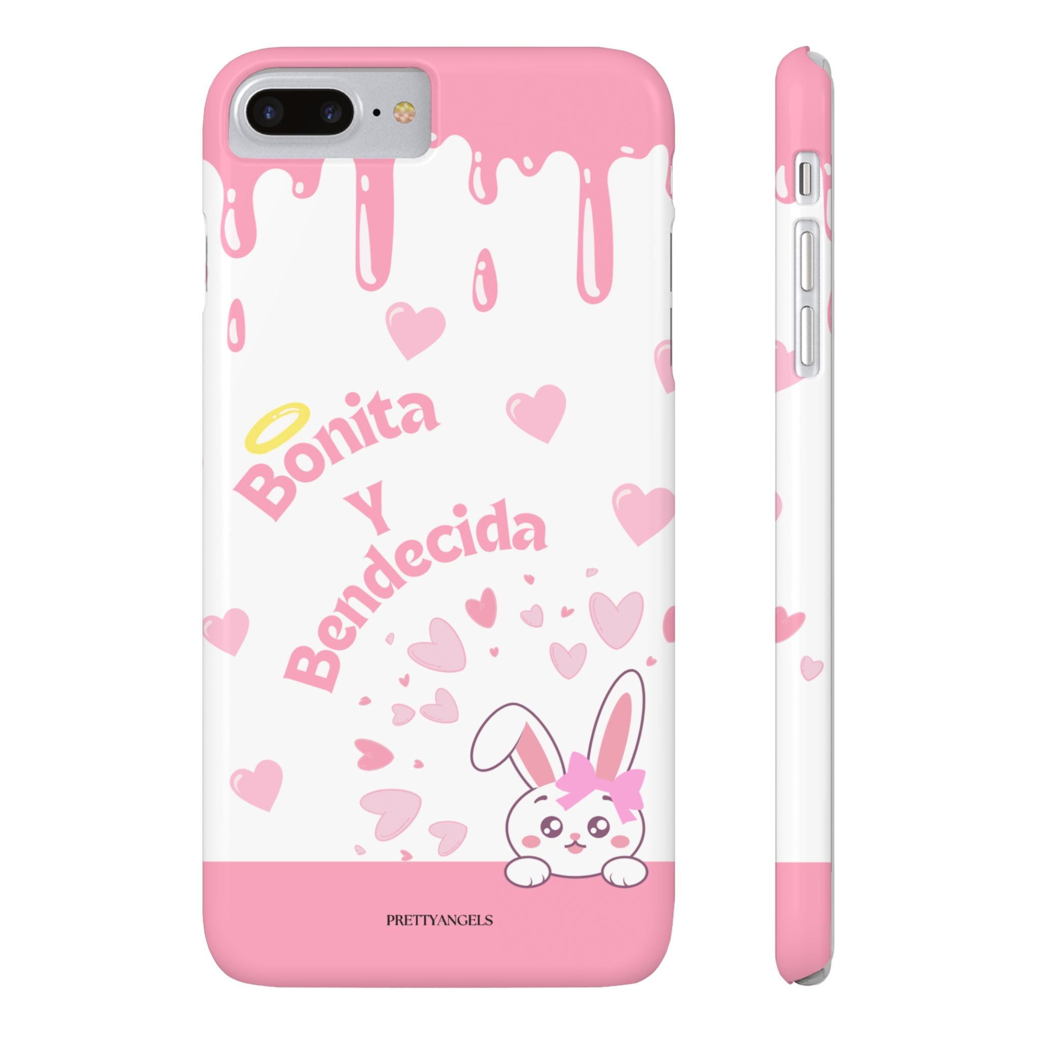 Bonita y Bendecida Phone Case - Slim Lightweight Pink Drip Cover with Bunny & Hearts for Stylish Latina Baddie Girls