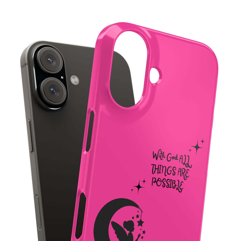 “With God All Things Are Possible Phone Case - Hot Pink Slim Cover with Fairy on Moon & Bible Verse for Faith-Filled Baddie Girls