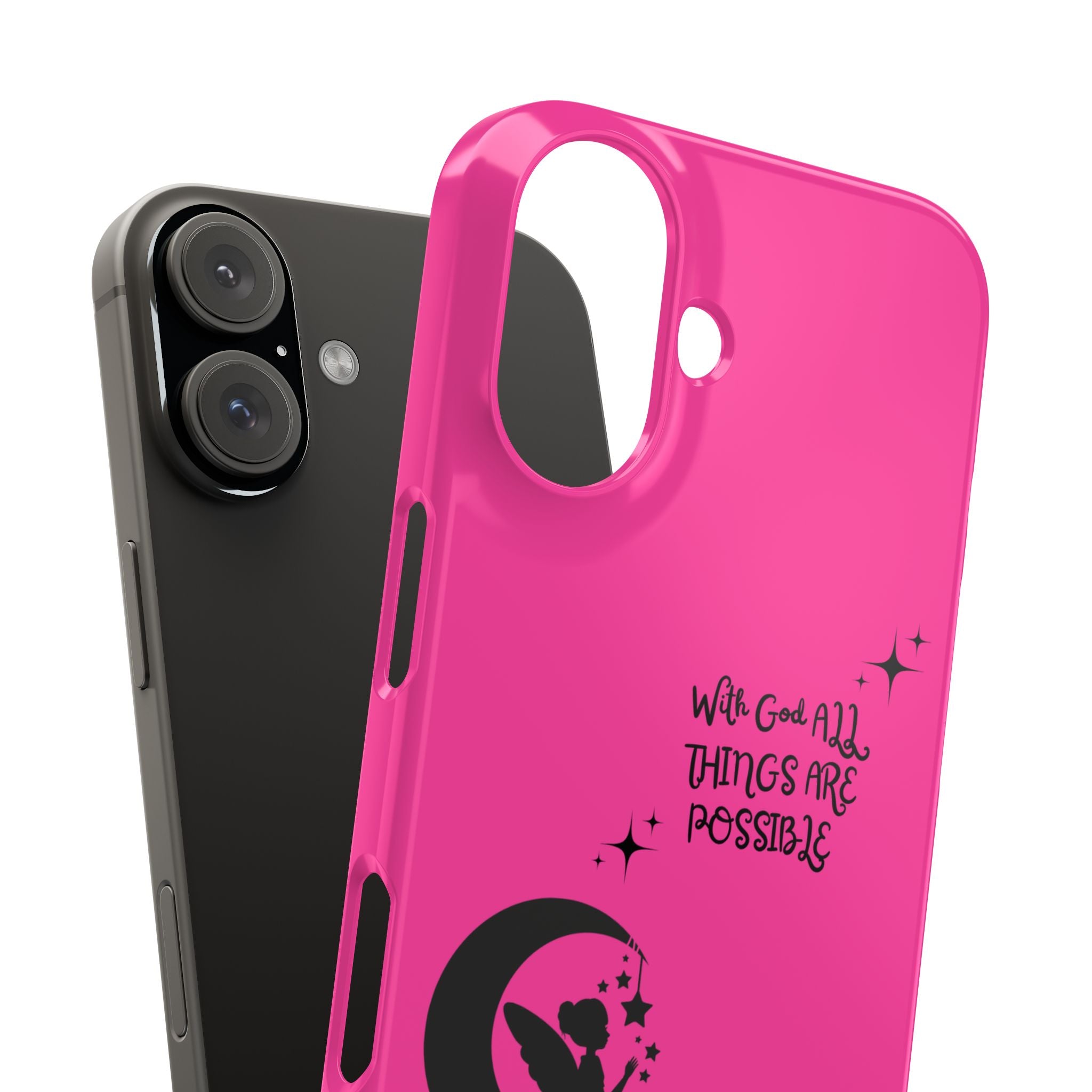 “With God All Things Are Possible Phone Case - Hot Pink Slim Cover with Fairy on Moon & Bible Verse for Faith-Filled Baddie Girls
