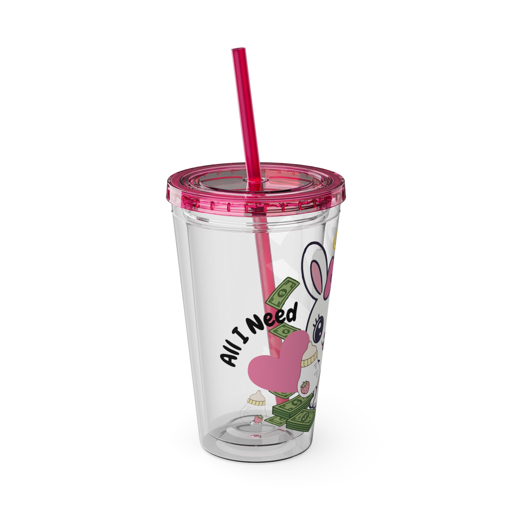 “All I Need” 16oz Acrylic Tumbler - Clear Cup with Pink Angel Bunny, Baby Bottles & Money | Cute Girly Cup for Soft Spoiled Baddies