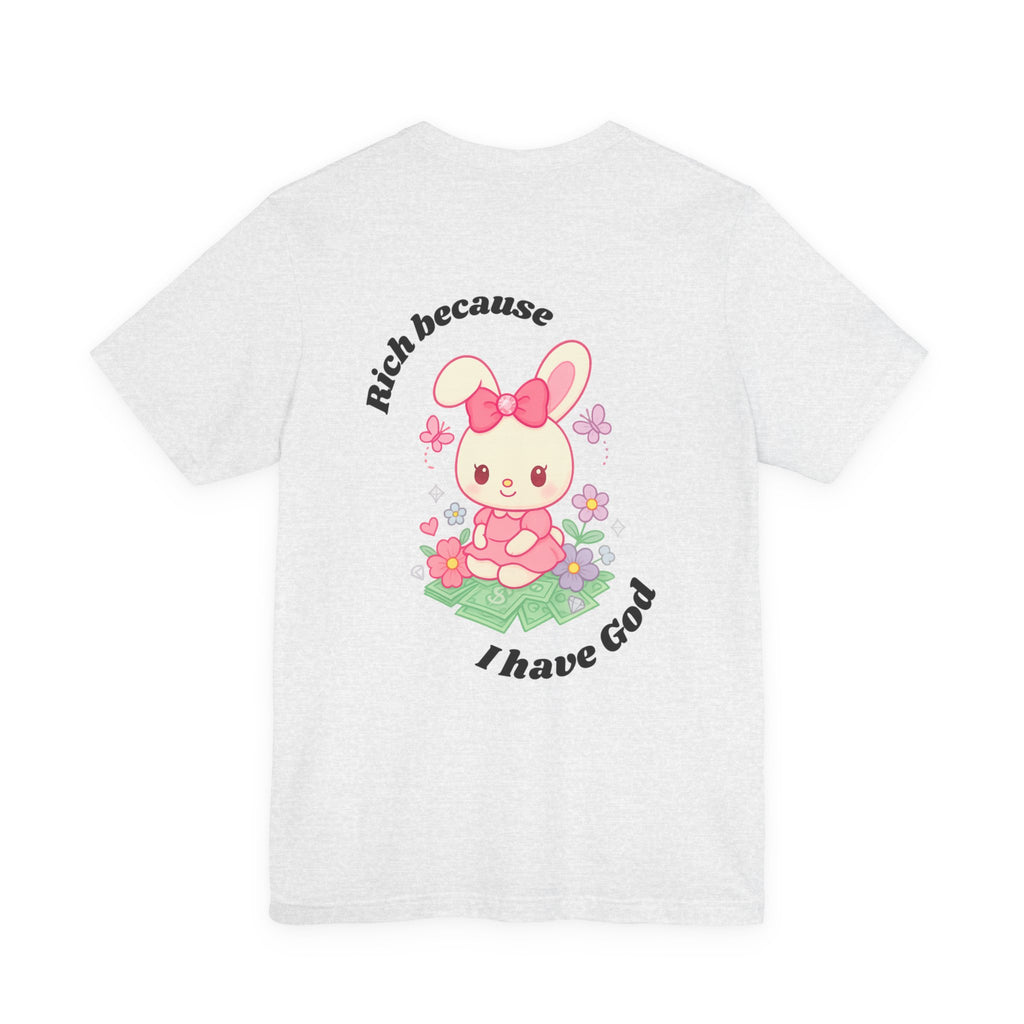 “Rich Because I Have God” Baggy (Back) Aesthetic Tee – Cute Bunny Graphic T-Shirt (White, Ash, Silver, Baby Blue)