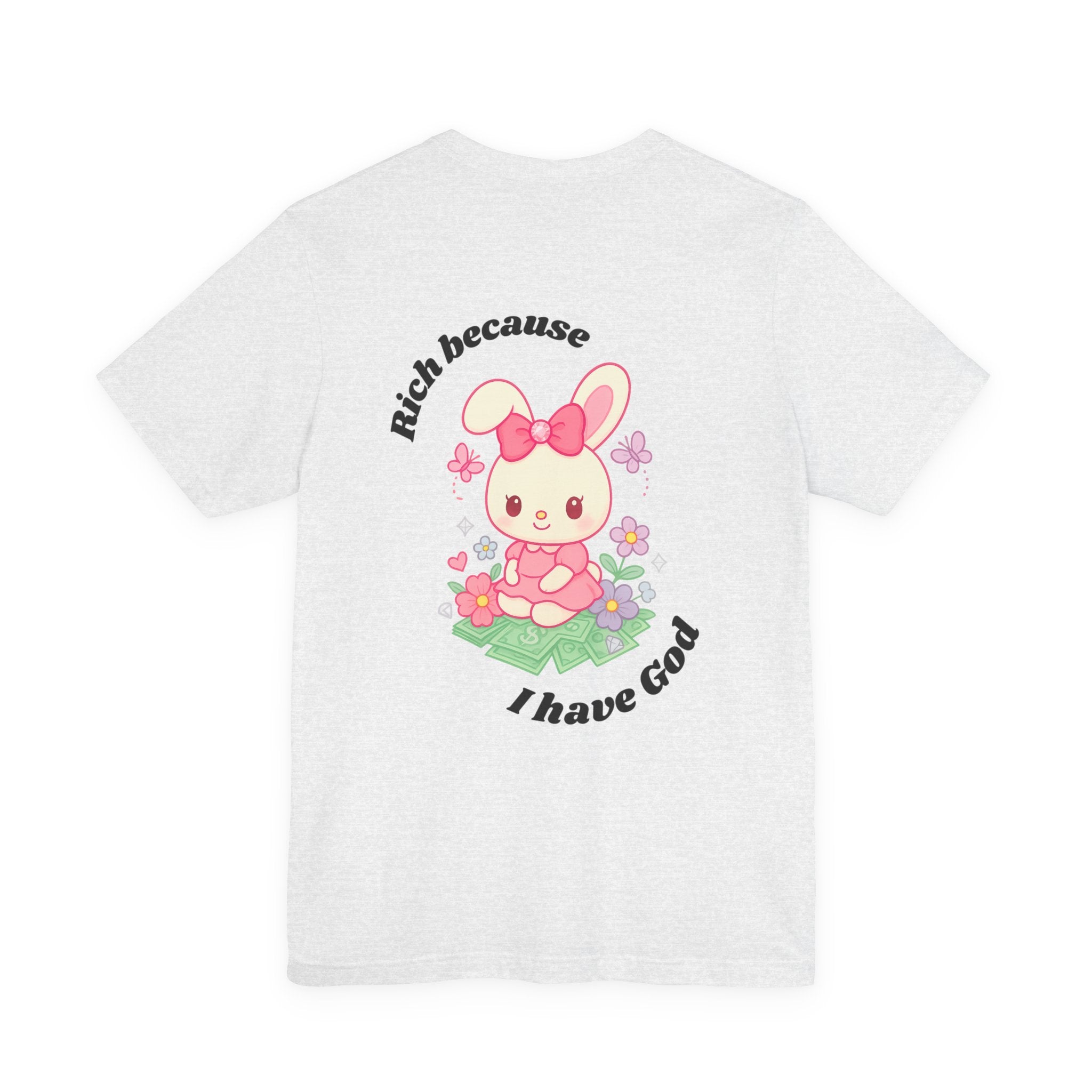 “Rich Because I Have God” Baggy (Back) Aesthetic Tee – Cute Bunny Graphic T-Shirt (White, Ash, Silver, Baby Blue)