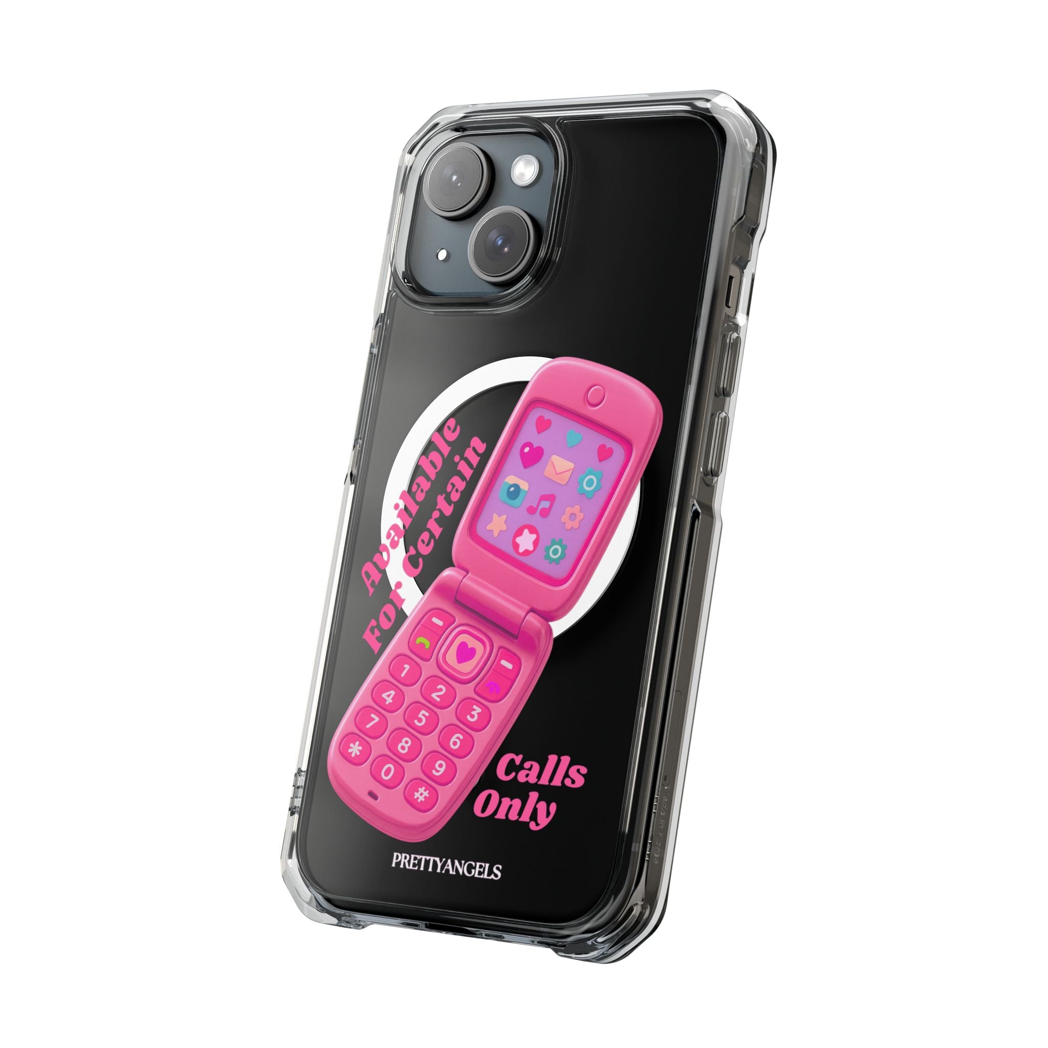 Pink Flip Phone MagSafe Clear Luxe iPhone Case – Barbie Baddie Vibes “Available for Certain Calls Only” Retro Girly Case