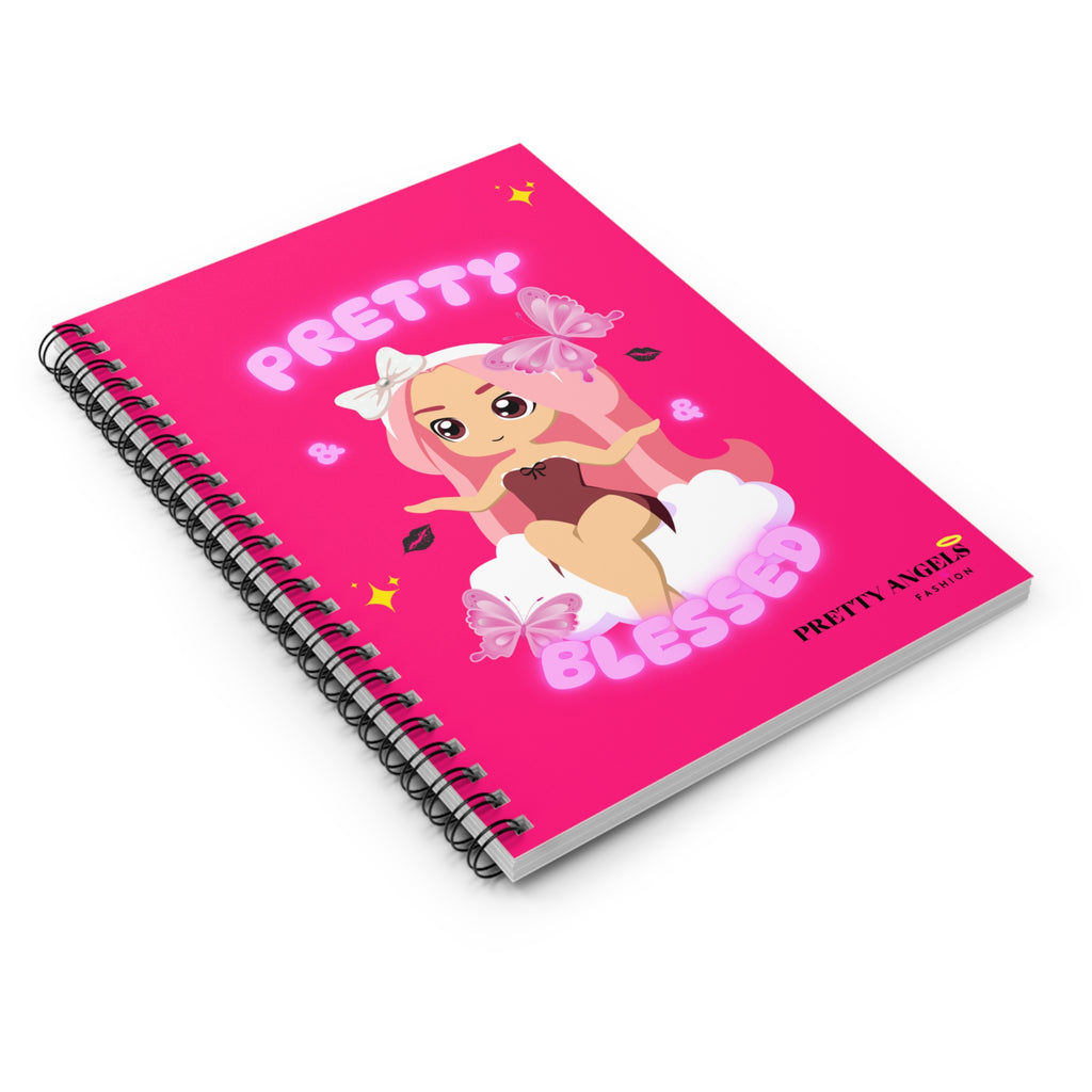 “Hot Pink Kawaii Notebook – Pretty & Blessed Pink Hair Doll Journal with Clouds, Butterflies & Kiss Prints | Karol G Inspired Aesthetic Spiral Notebook (6x8, 118 Pages)”