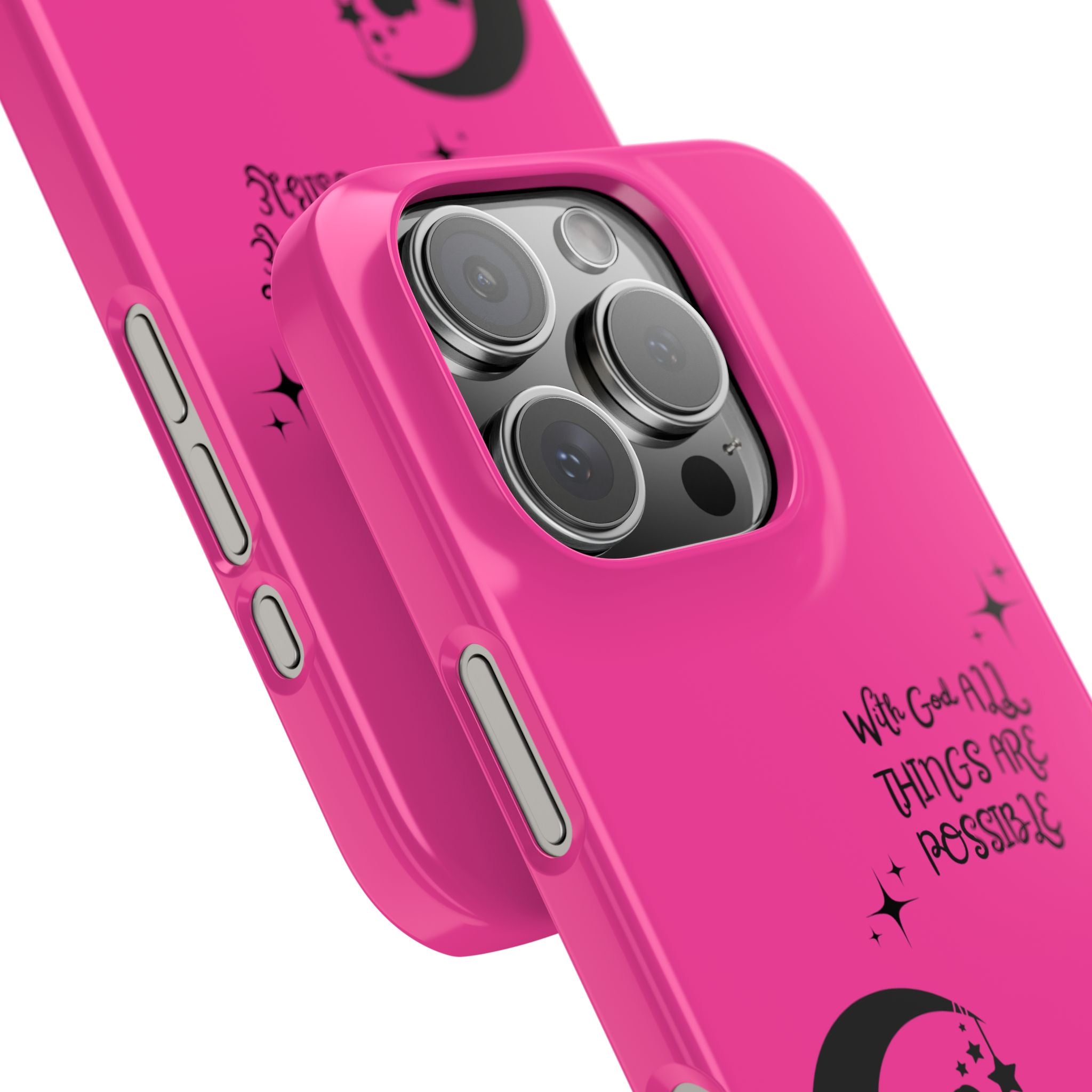 “With God All Things Are Possible Phone Case - Hot Pink Slim Cover with Fairy on Moon & Bible Verse for Faith-Filled Baddie Girls