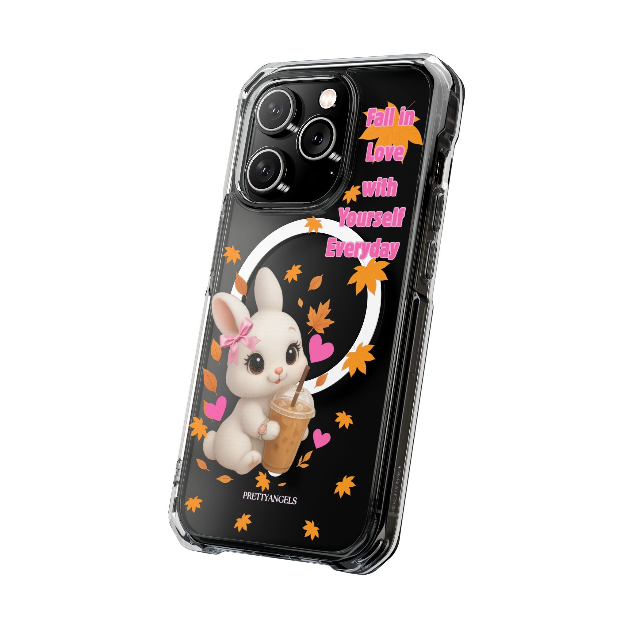 Fall in Love with Yourself Everyday – Cute White Bunny MagSafe iPhone Case with Hearts & Autumn Leaves, Luxury Aesthetic Clear Phone Cover