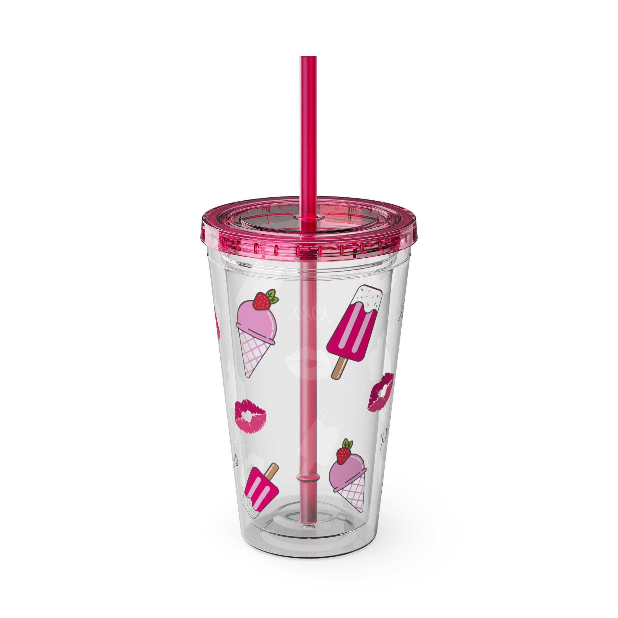 Barbie Girl Summer Tumbler - 16oz Pink Acrylic Cup with Ice Cream, Pink Popsicles, XOXO & Kisses - Cute Clear Tumbler for Iced Coffee & Rich Girl Aesthetics, Girly Beach Days Tumbler