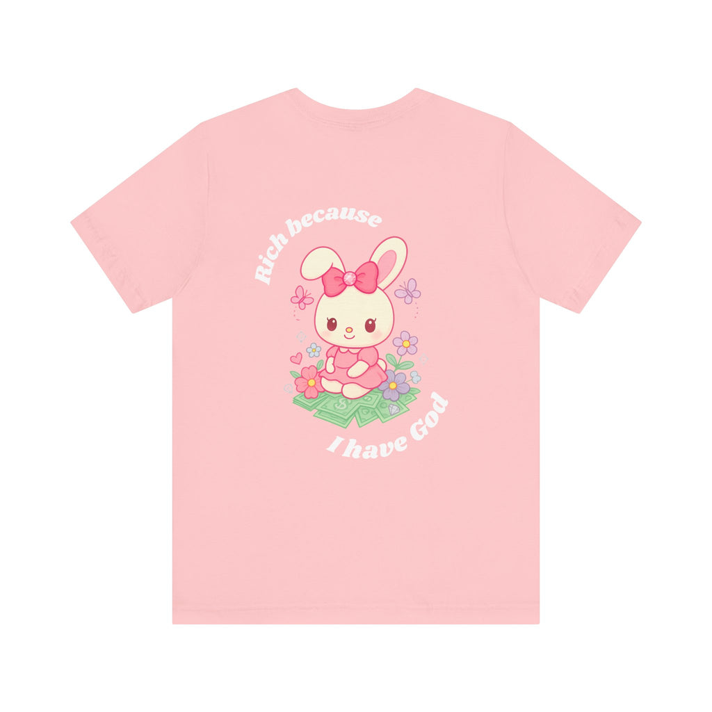 “Rich Because I Have God” Oversized (Back) Bunny Graphic Tee – Luxury Baggy T-Shirt (Black, Heather Mint, Turquoise, Pink)