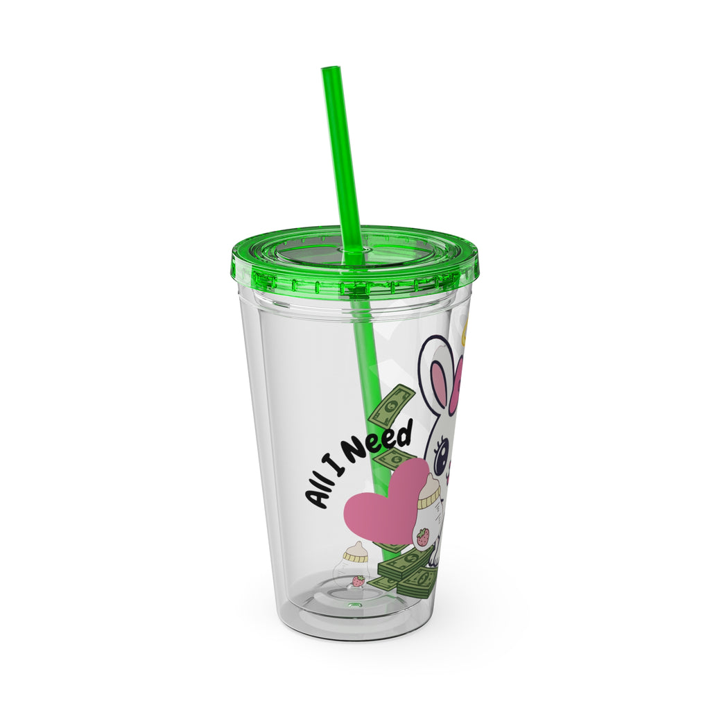 “All I Need” 16oz Acrylic Tumbler - Clear Cup with Pink Angel Bunny, Baby Bottles & Money | Cute Girly Cup for Soft Spoiled Baddies
