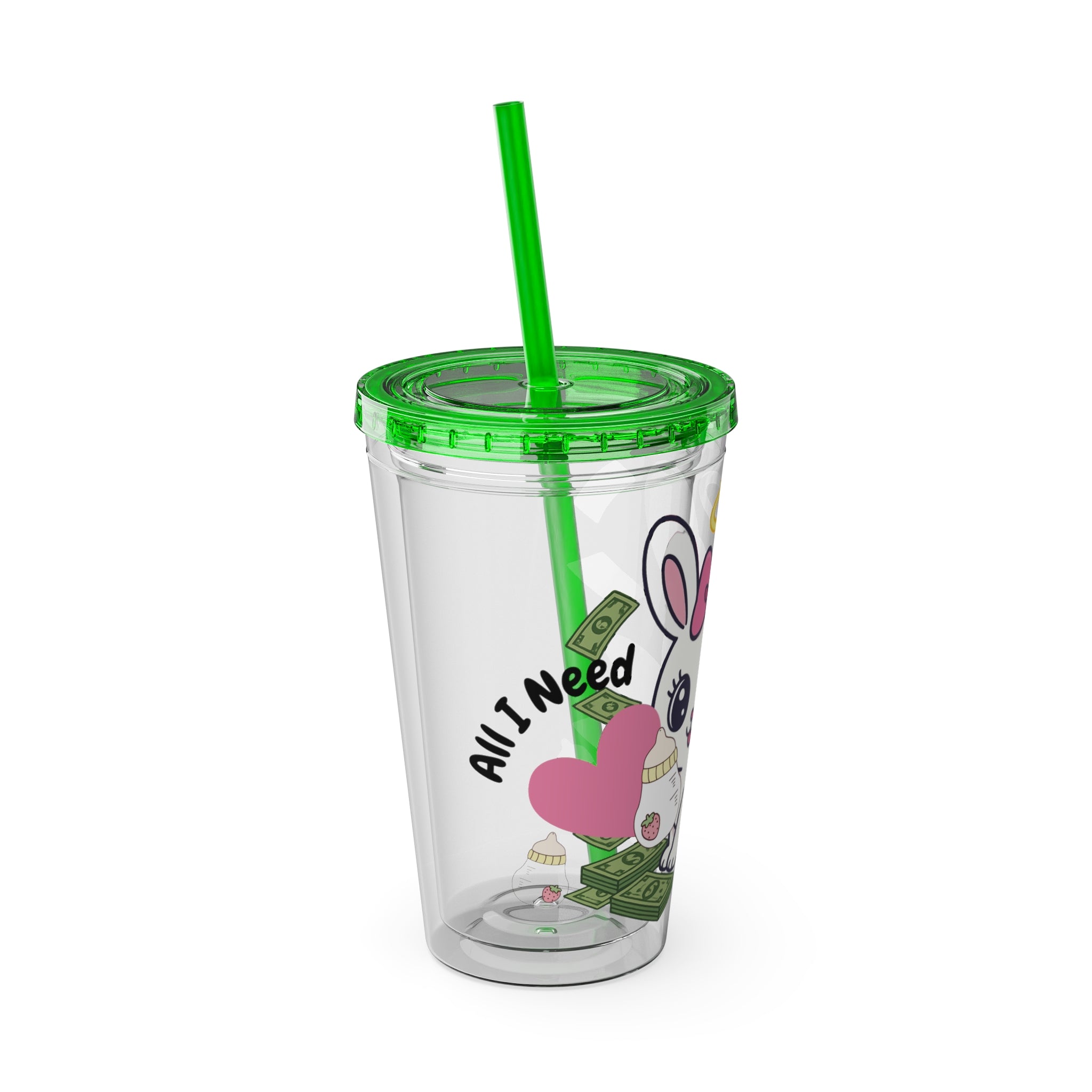 “All I Need” 16oz Acrylic Tumbler - Clear Cup with Pink Angel Bunny, Baby Bottles & Money | Cute Girly Cup for Soft Spoiled Baddies