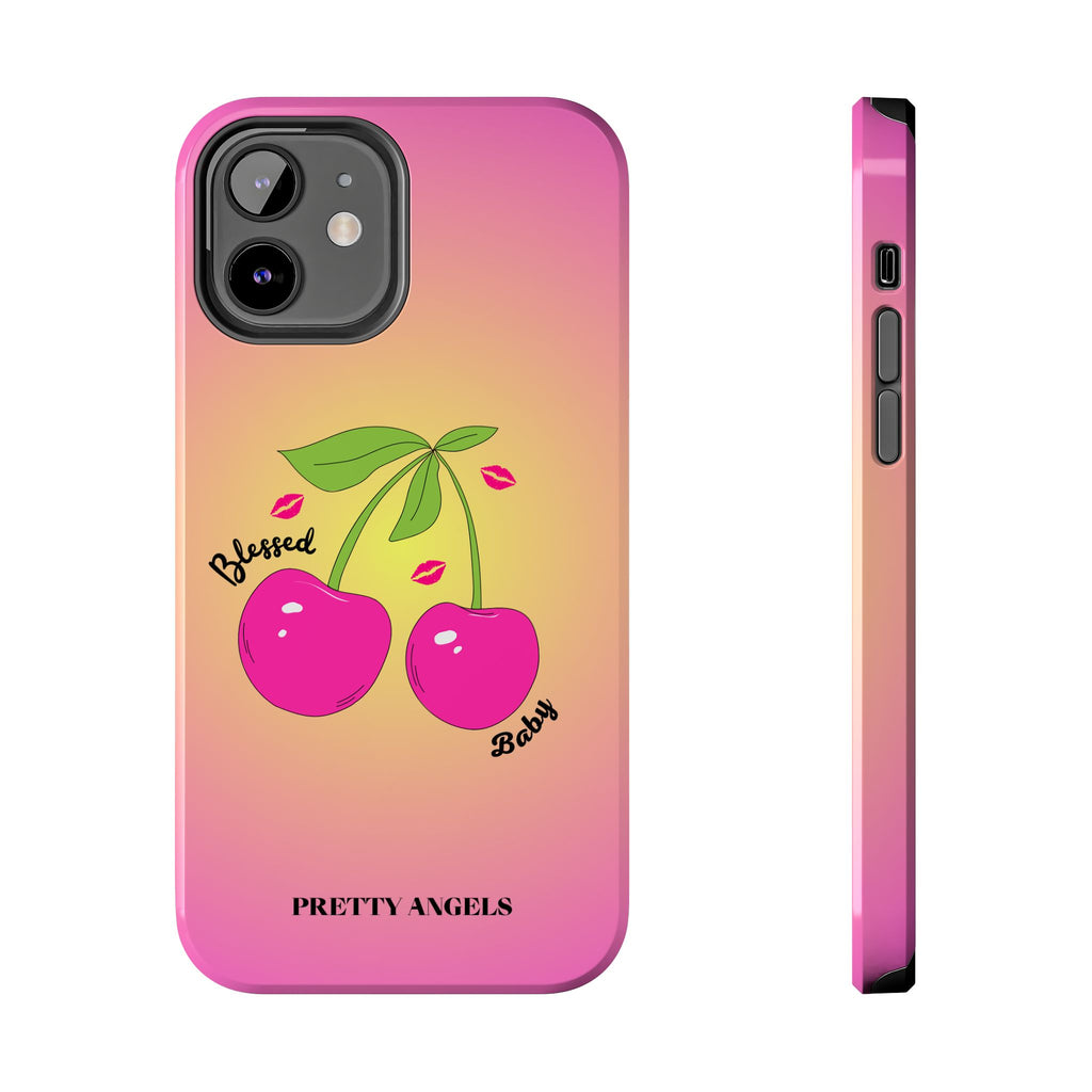 Blessed Baby Sunset Cherry Phone Case — Cute Hot Pink Cherry & Kisses
