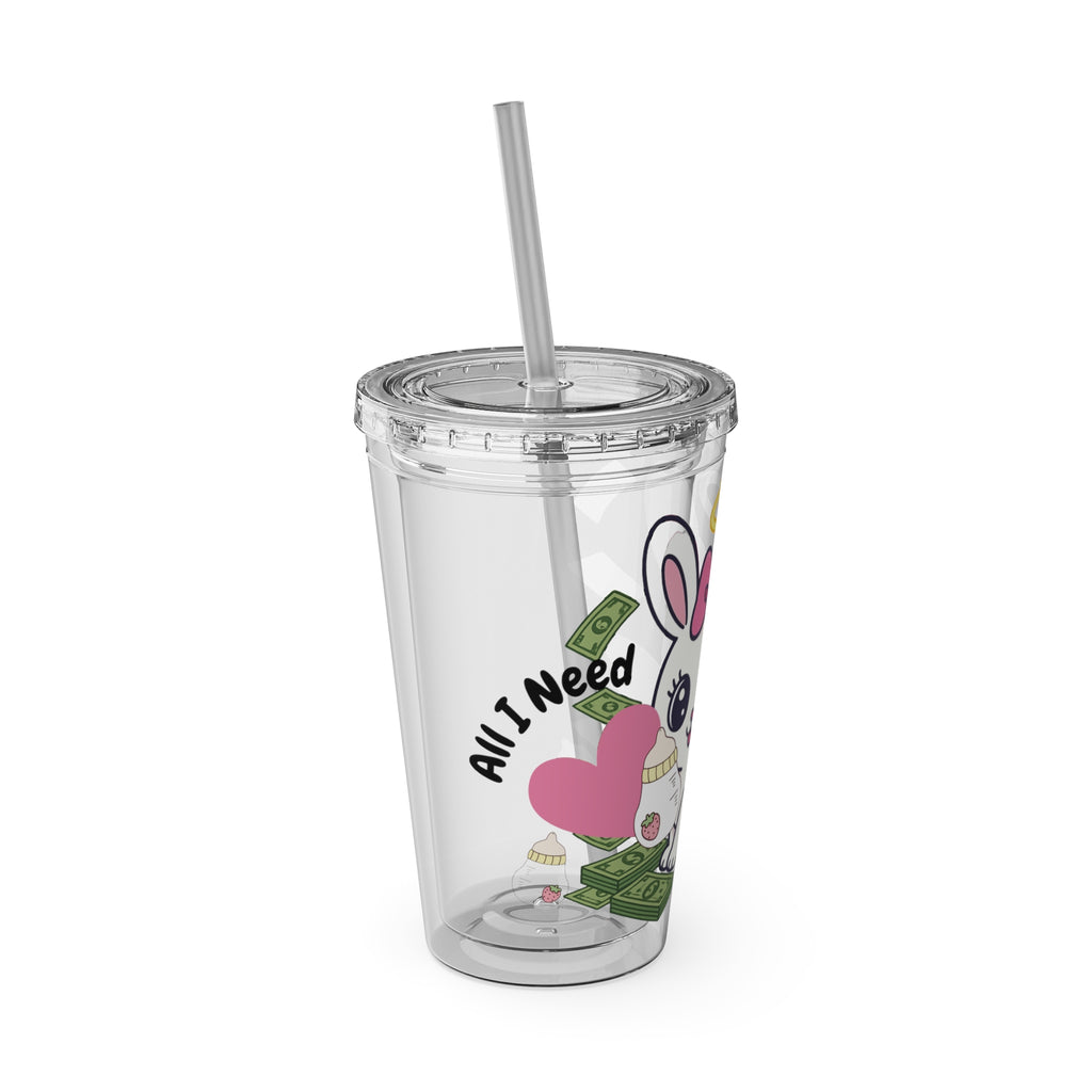 “All I Need” 16oz Acrylic Tumbler - Clear Cup with Pink Angel Bunny, Baby Bottles & Money | Cute Girly Cup for Soft Spoiled Baddies