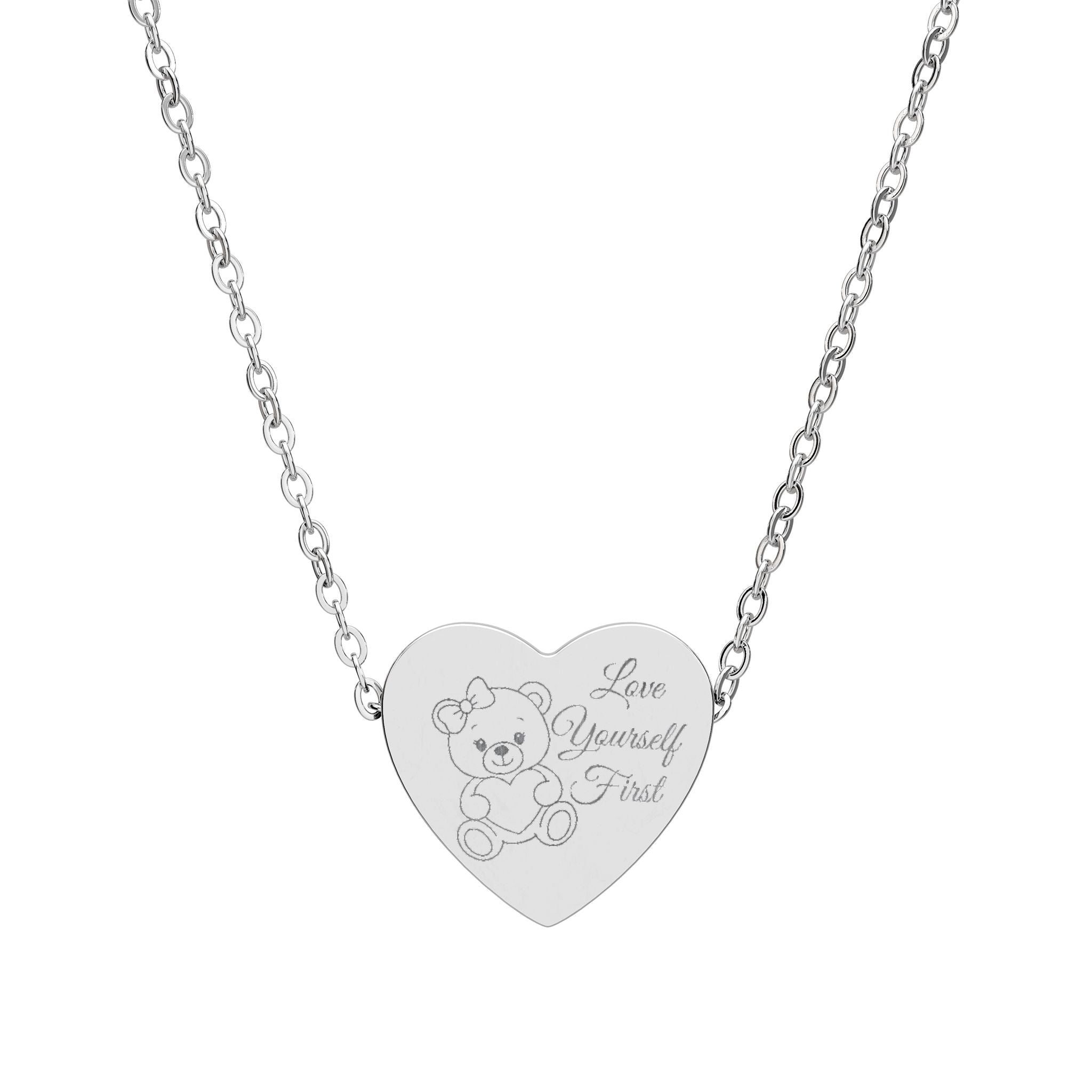 Love Yourself First Heart Necklace – Engraved Teddy Bear Pendant for Girls | Rose Gold & Silver Minimal Necklace | Cute Aesthetic Self-Love Jewelry Gift