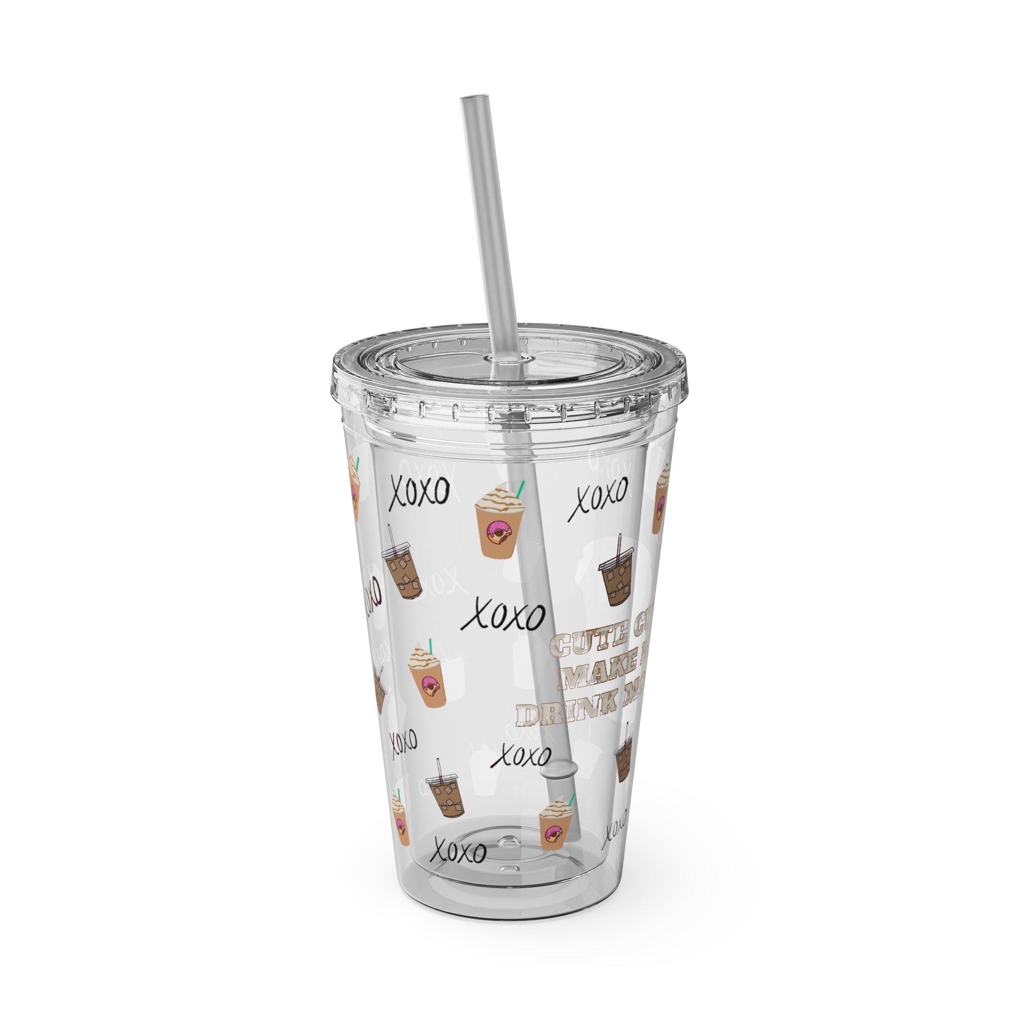 “Cute Cups Make Me Drink More” Clear Acrylic Coffee Tumbler - 16oz with Pink Donut, Caramel Frappe & XOXO Patterns | Aesthetic Iced Coffee Cup for Girly Baddies | Starbucks aesthetic coffee cup