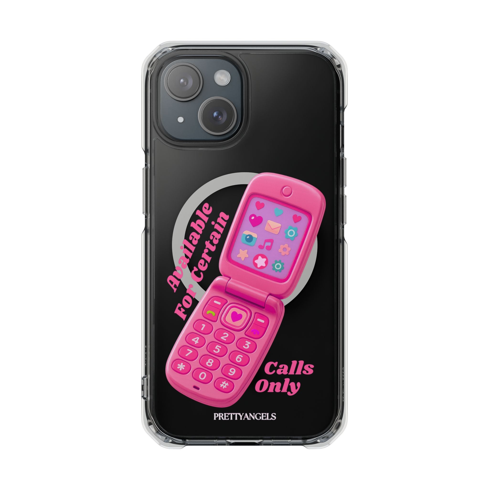 Pink Flip Phone MagSafe Clear Luxe iPhone Case – Barbie Baddie Vibes “Available for Certain Calls Only” Retro Girly Case