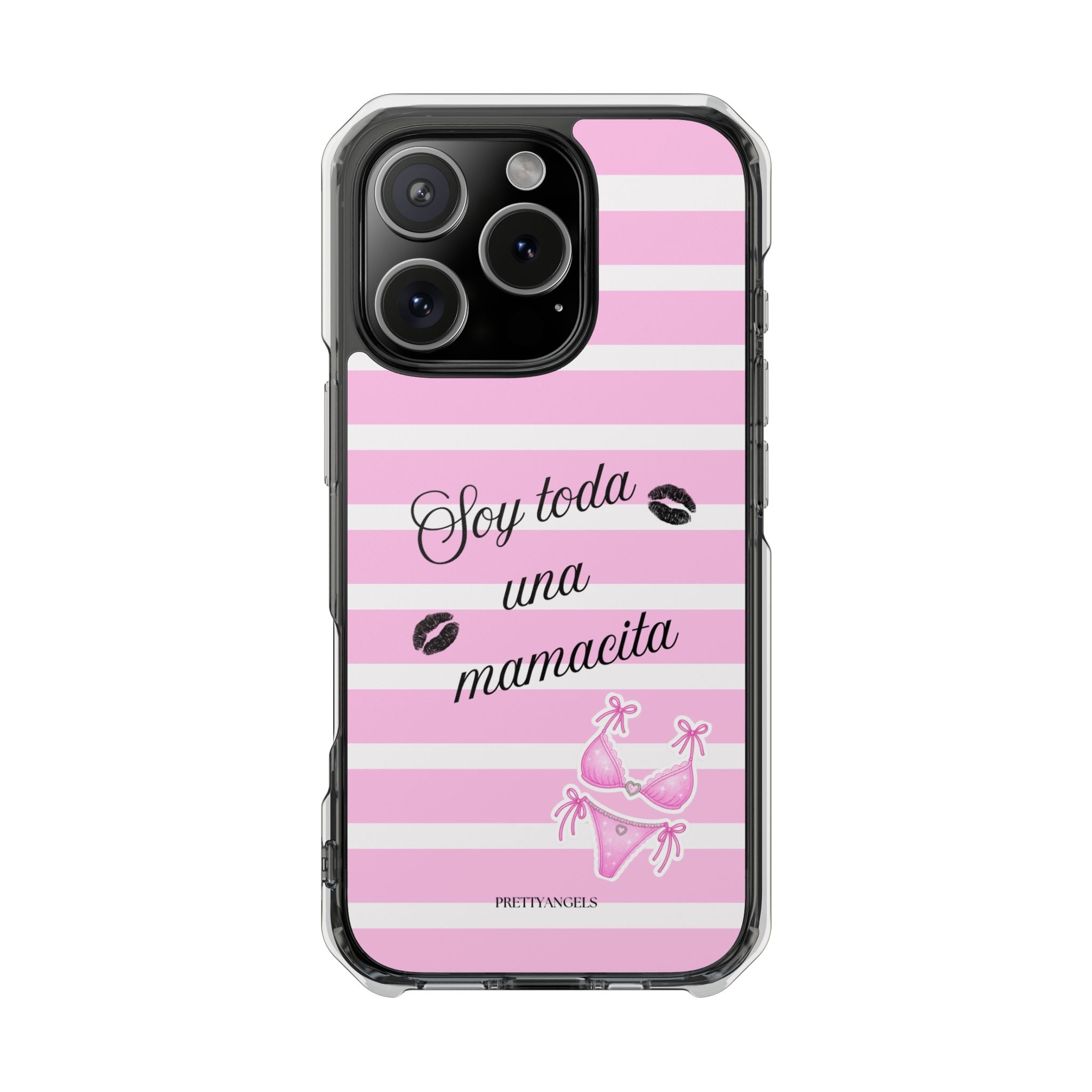 “Soy Toda Una Mamacita” MagSafe Clear Phone Case - Pink & White Striped | Latina Baddie Magnetic Impact Cover
