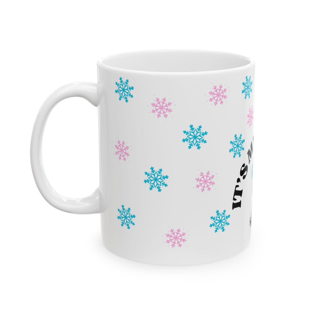 “It’s My Season Again” Luxury Winter Mug - Cute Grey Polar Bear with Crown, Blue & Pink Snowflakes - Girly Ceramic Mug for Rich Winter Queens, Cozy Home Decor, Winter Wonderland Mug for Girls