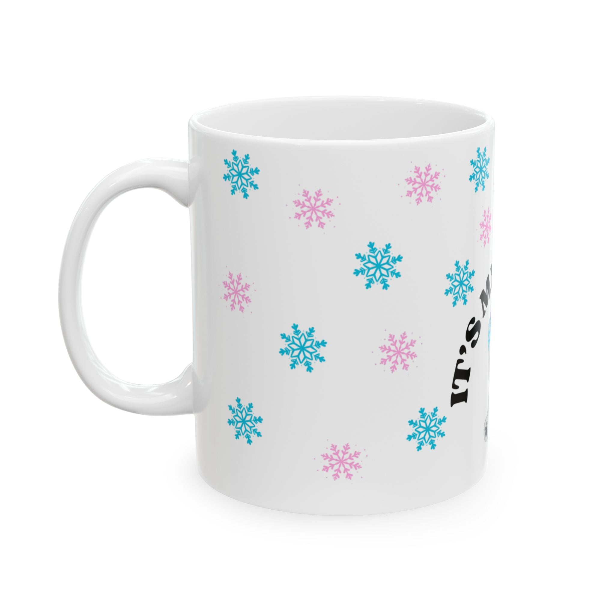“It’s My Season Again” Luxury Winter Mug - Cute Grey Polar Bear with Crown, Blue & Pink Snowflakes - Girly Ceramic Mug for Rich Winter Queens, Cozy Home Decor, Winter Wonderland Mug for Girls