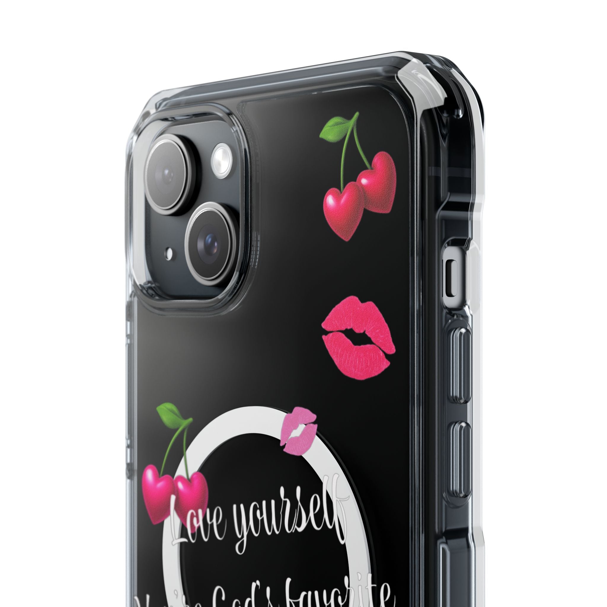 Luxury Clear MagSafe iPhone Case – “Love Yourself” Pink Cherry & Kiss Print | Cute Girly Baddie Aesthetic Protective Cover