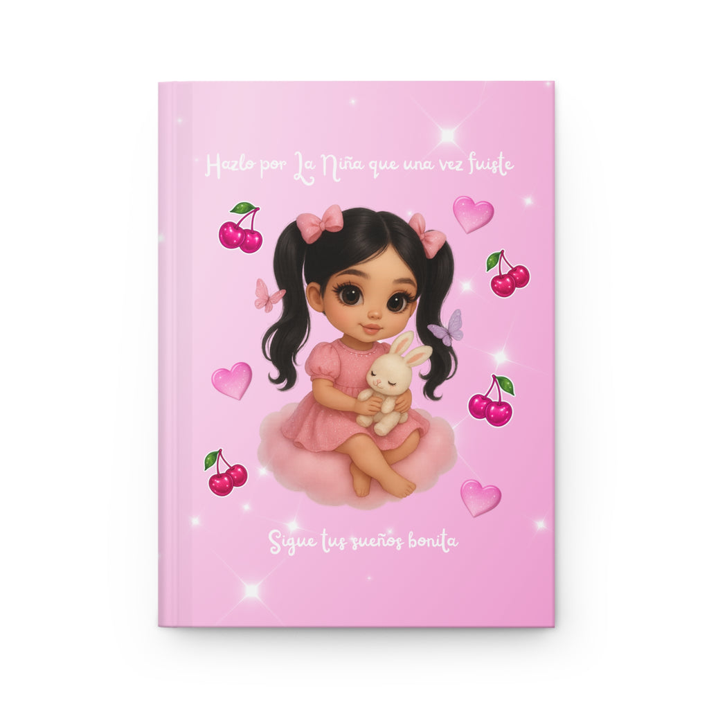 Pretty Angels Pink Hardcover Journal — "Sigue tus sueños bonita" Cute Girl Cherry Notebook