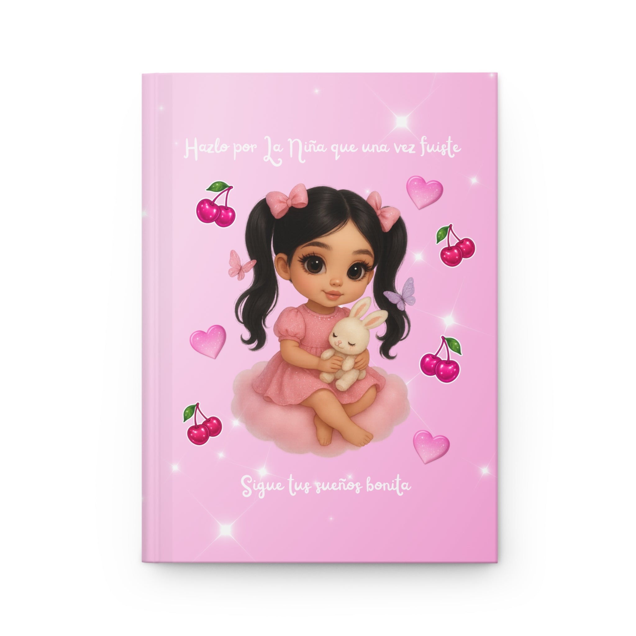 Pretty Angels Pink Hardcover Journal — "Sigue tus sueños bonita" Cute Girl Cherry Notebook