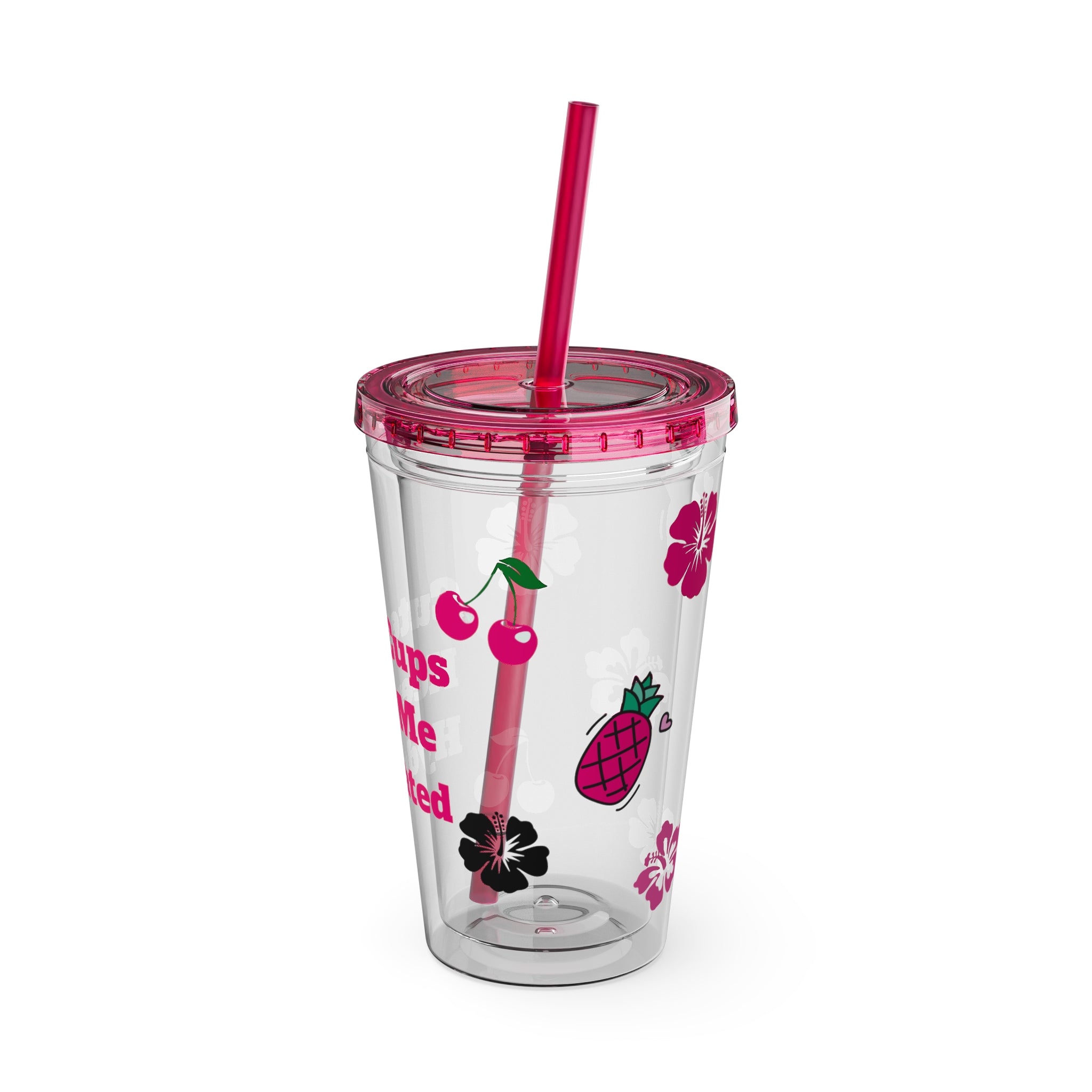 Clear Barbie Baddie Tumbler - 16oz Acrylic Cup with Lid & Flexible Straw | “Cute Cups Keep Me Hydrated” with Hot Pink Cherries, Hibiscus & Pineapples