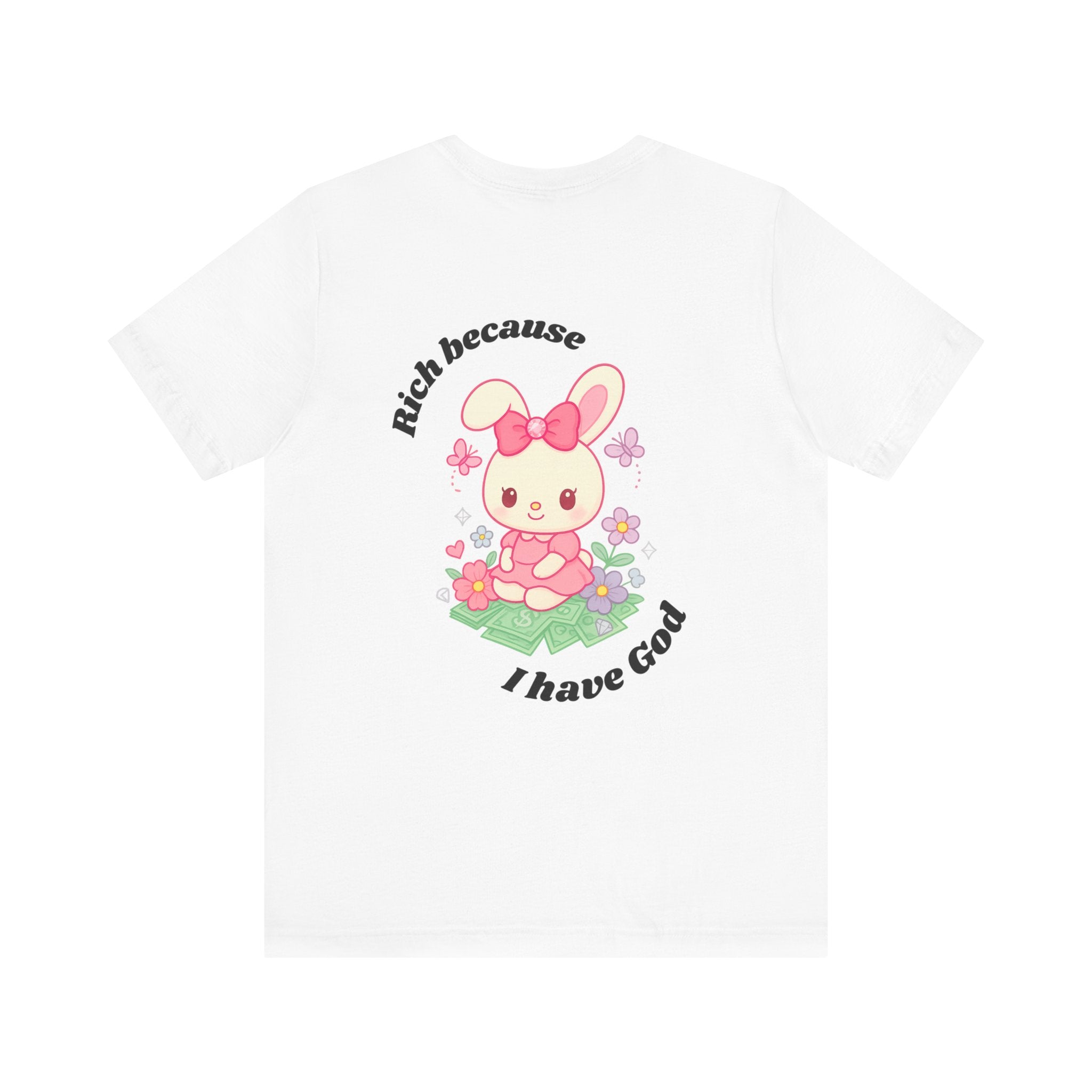 “Rich Because I Have God” Baggy (Back) Aesthetic Tee – Cute Bunny Graphic T-Shirt (White, Ash, Silver, Baby Blue)